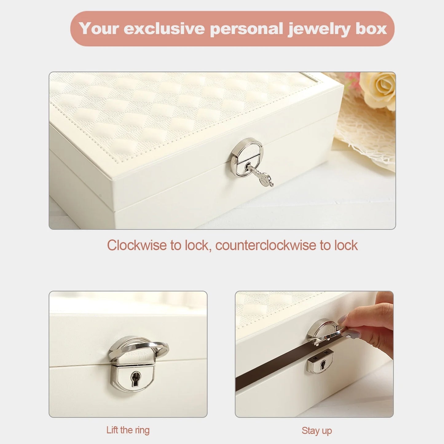 Vesteel Jewelry Box, 2-Layer Jewelry Storage Organizer with Built-in Mirror, Lockable Jewelry Case for Women Girl - White