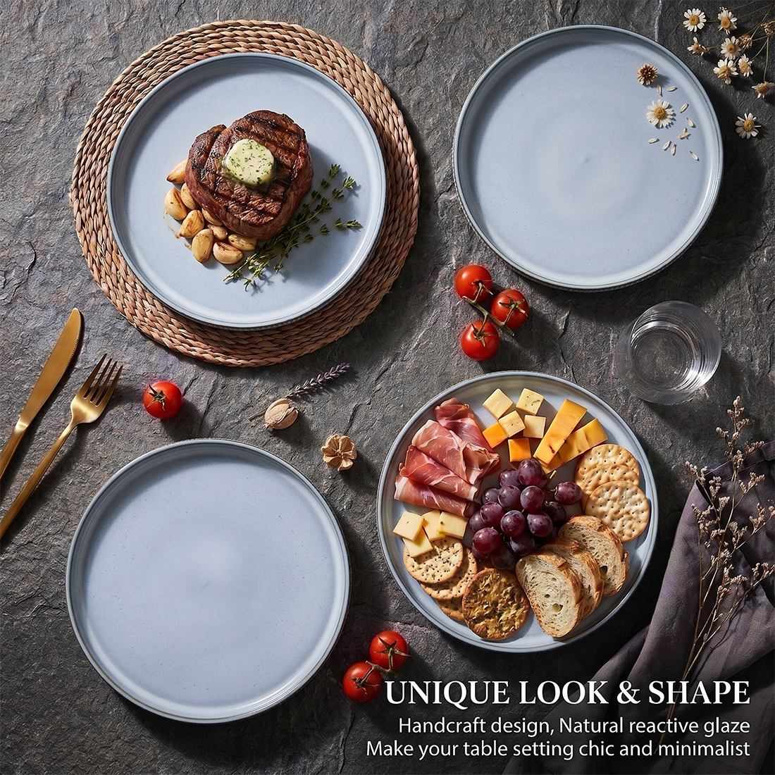 Vesteel Salad Plate for 4, 8 inch Stoneware Dinner plates with Textured Stripes, 4-Piece Ceramic Kitchen Plates for Dessert Salad, Dishwasher Safe & Microwave Safe, Smoky Blue