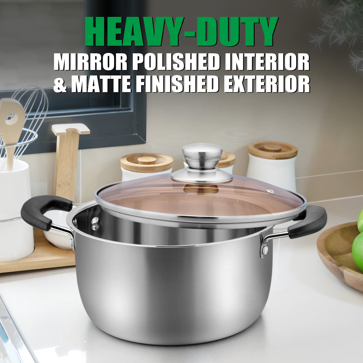 Vesteel 6 Quart Stock Pot, 18/10 Stainless Steel Metal Pasta Soup Pot with Glass Lid for Cooking, Double Heat-Proof Handles, Heavy Duty & Dishwasher Safe
