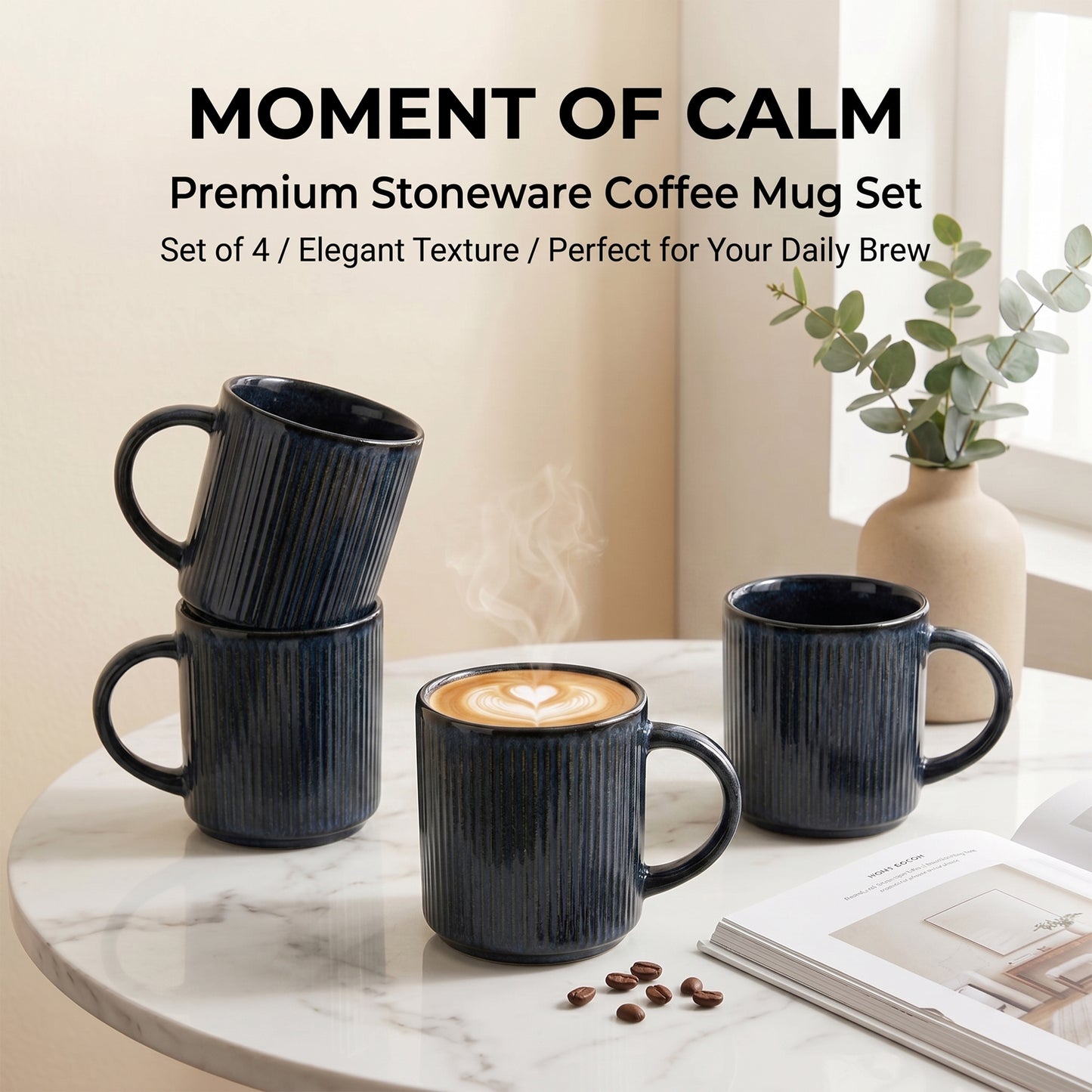 Onader 4-Pieces Coffee Mugs Set, Water Cups with Large Handle, 12 oz Ceramic Mugs Suitable for Tea Milk Latte, Stain-Resistant & Microwave Safe, Starry Blue