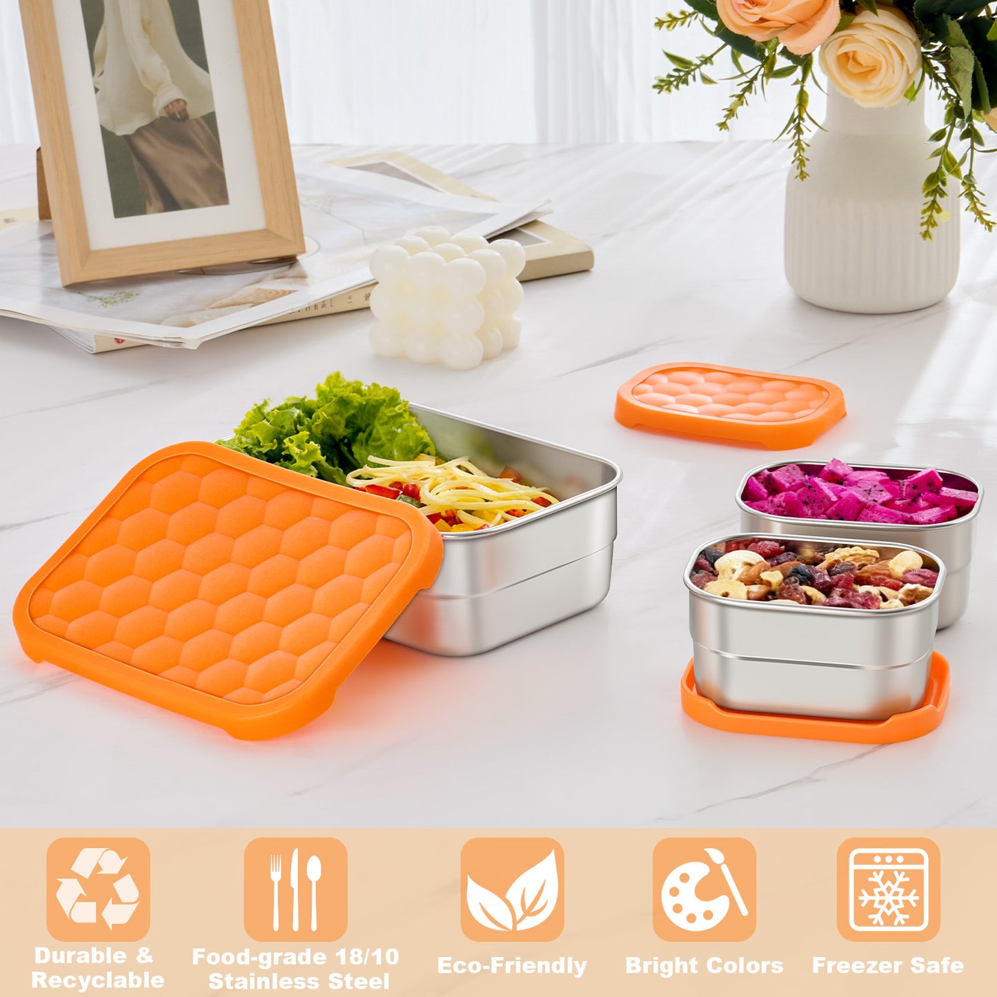 Vesteel Stainless Steel Lunch Container Set, Leak Proof Bento Box with Silicone Lids, Portable Metal Lunch Box for School and Daycare(25OZ + 8OZ*2), Orange
