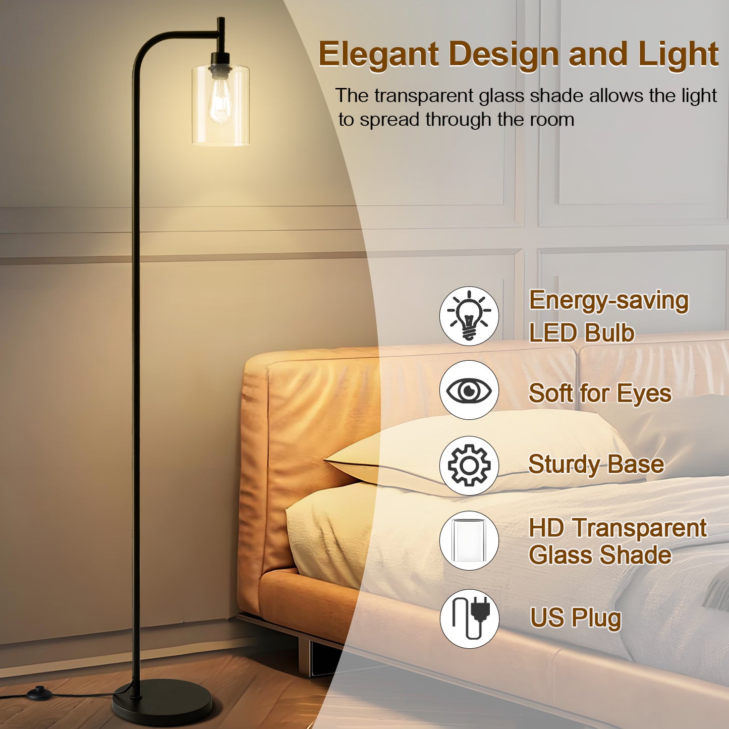 Vesteel Floor Lamp for Living Room, Standing Lamp with 6W LED Bulbs & Glass Lampshade, Industrial Metal Tall Lamp for Bedroom Office Dorm, Foot Pedal Switch & Heavy Base