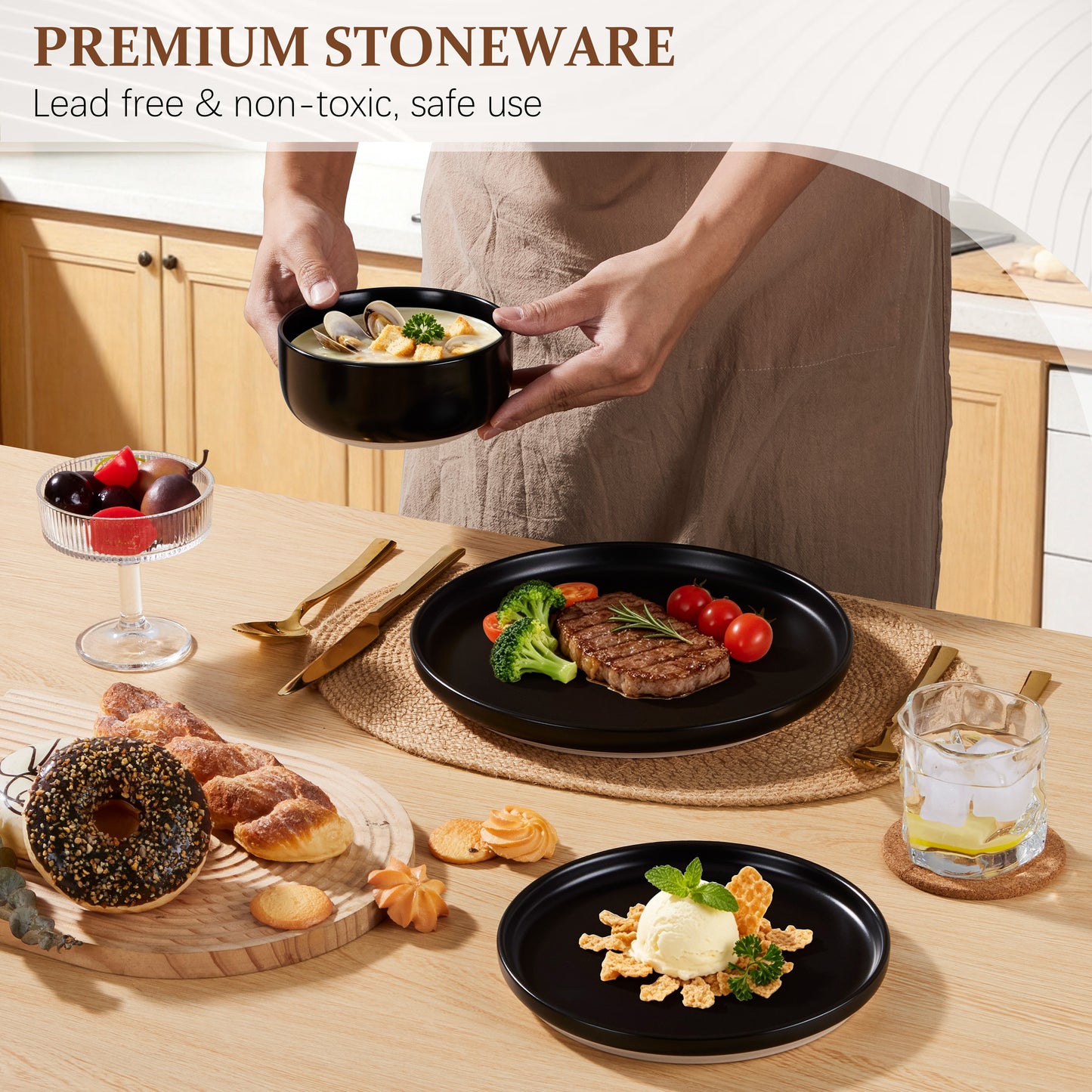 Vesteel Stoneware Dinnerware Sets for 2, 6 Pieces Ceramic Plates and Bowls Sets, Elegant Dishes with Rustic Terracotta Base, Dishwasher & Microwave Safe, Scratch Resistant, Matte Black