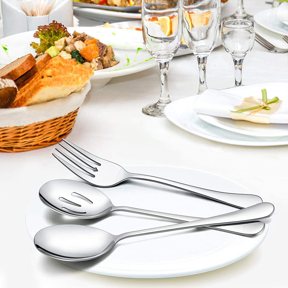VeSteel 12-Piece Stainless Steel Serving Utensils, Include 3 Large Serving Spoons, 3 Slotted Serving Spoons, 3 Serving Forks, 3 Serving Tongs