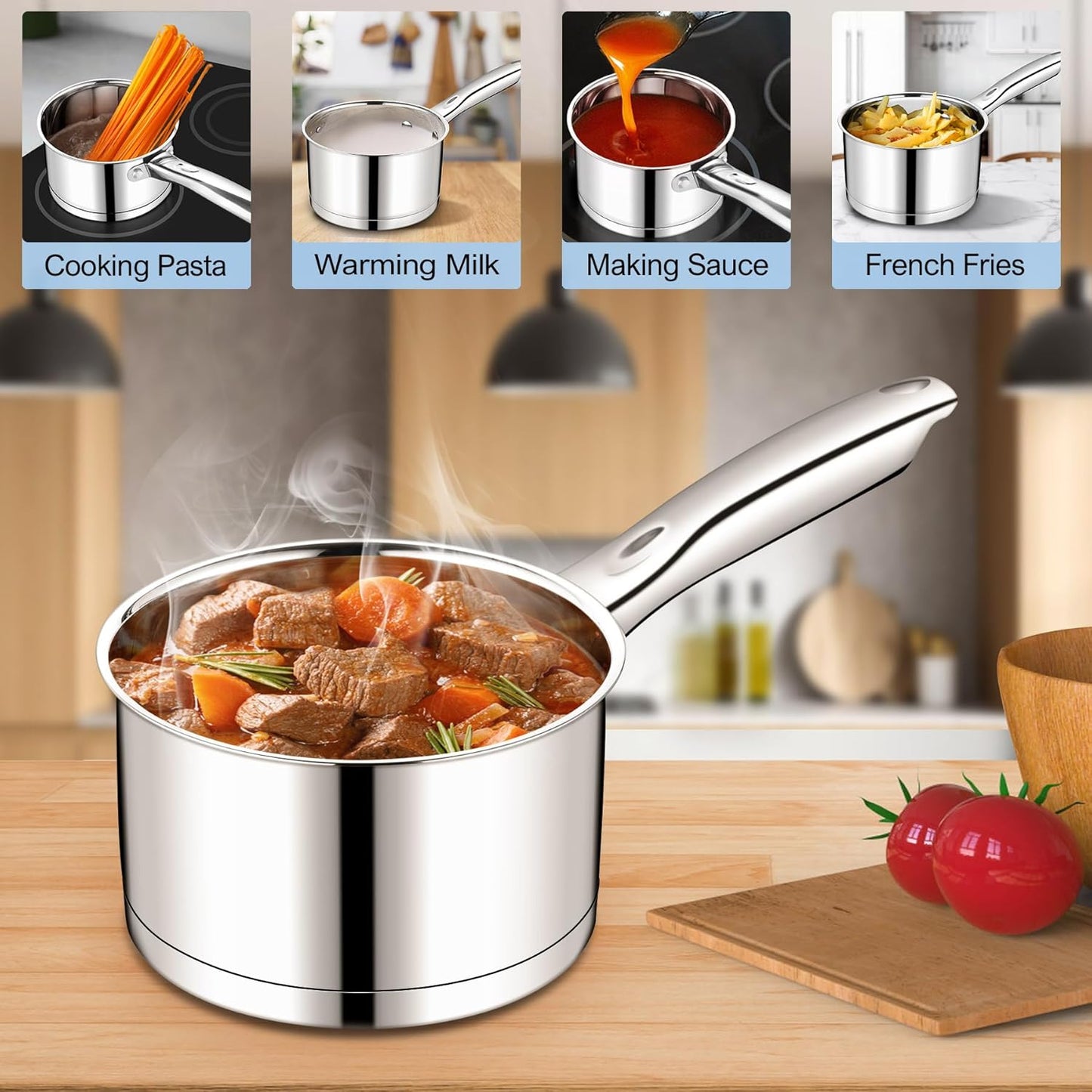 Vesteel 1QT Saucepan with Lid, Stainless Steel Milk Sauce Pan with Tri-ply Composite Bottom, Induction Cooking Pot for Making Pasta, Boiling Soup, Warming Milk, Dishwasher Safe