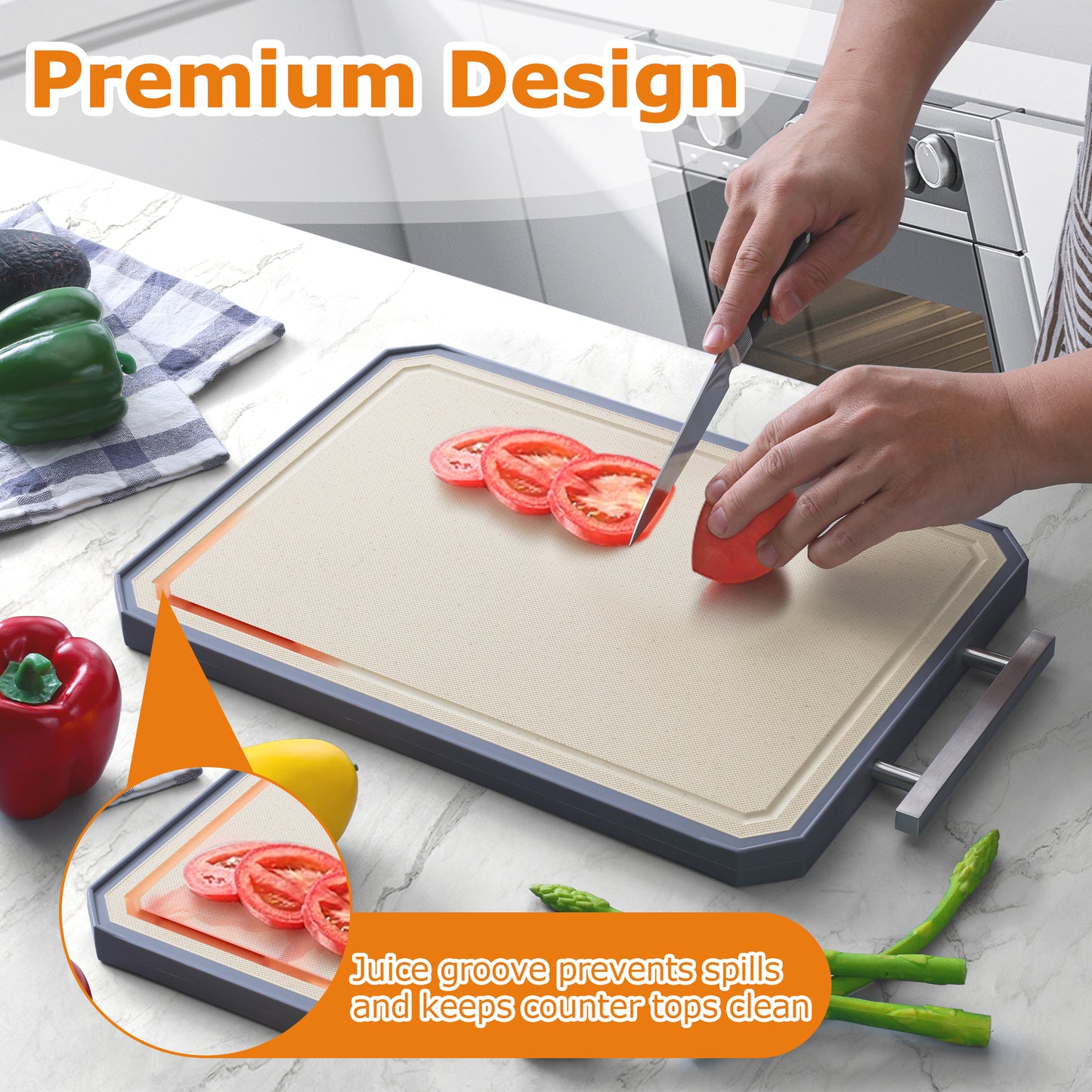 Vesteel Double Side Cutting Board, 16” x 11” Cutting Board with Stainless Steel Handle for Kitchen, Non Toxic Chopping Board for Meat and Vegetables, Dishwasher Safe & Scratch Resistant