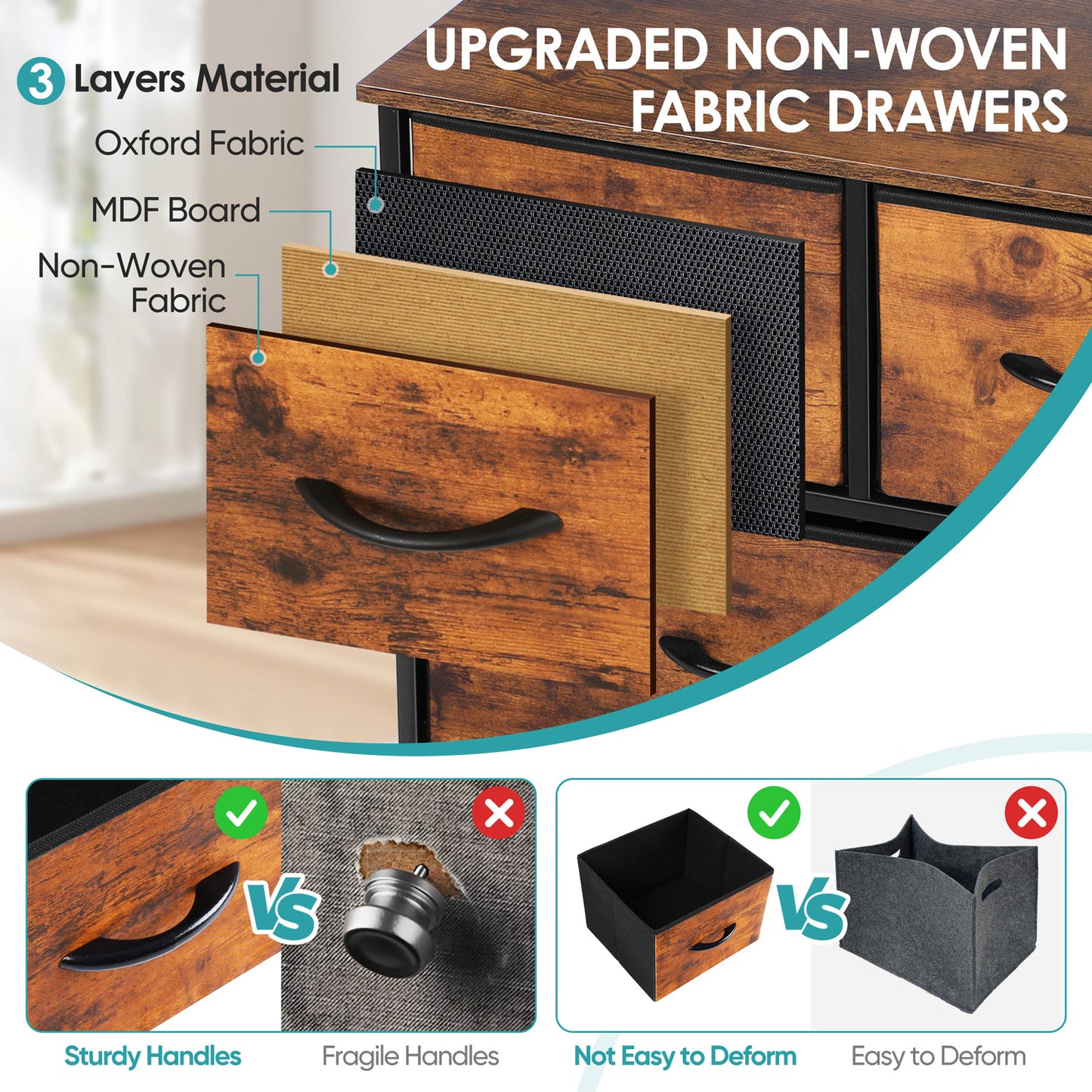 Vesteel 5 Drawer Dresser for Bedroom, Wide Chest of Drawers, Organizer Storage Cabinet with Fabric Drawers and Wooden Top, Closet for Living Room, Entryway, Nursery, Farmhouse - Rustic Brown