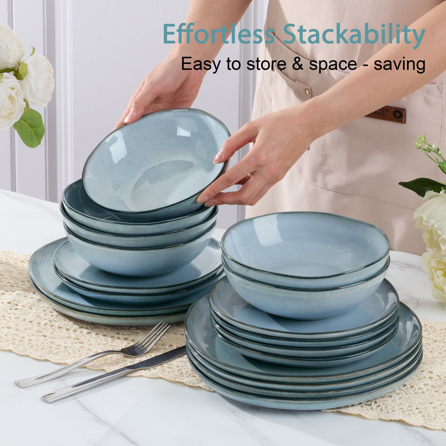 Onader 12 Piece Dinnerware Sets, Plates and Bowls Dish Set for 4, Irregular Handmade Dinner Ware Dishware for Kitchen Dinning, Microwave & Dishwasher Safe - Smoky Blue