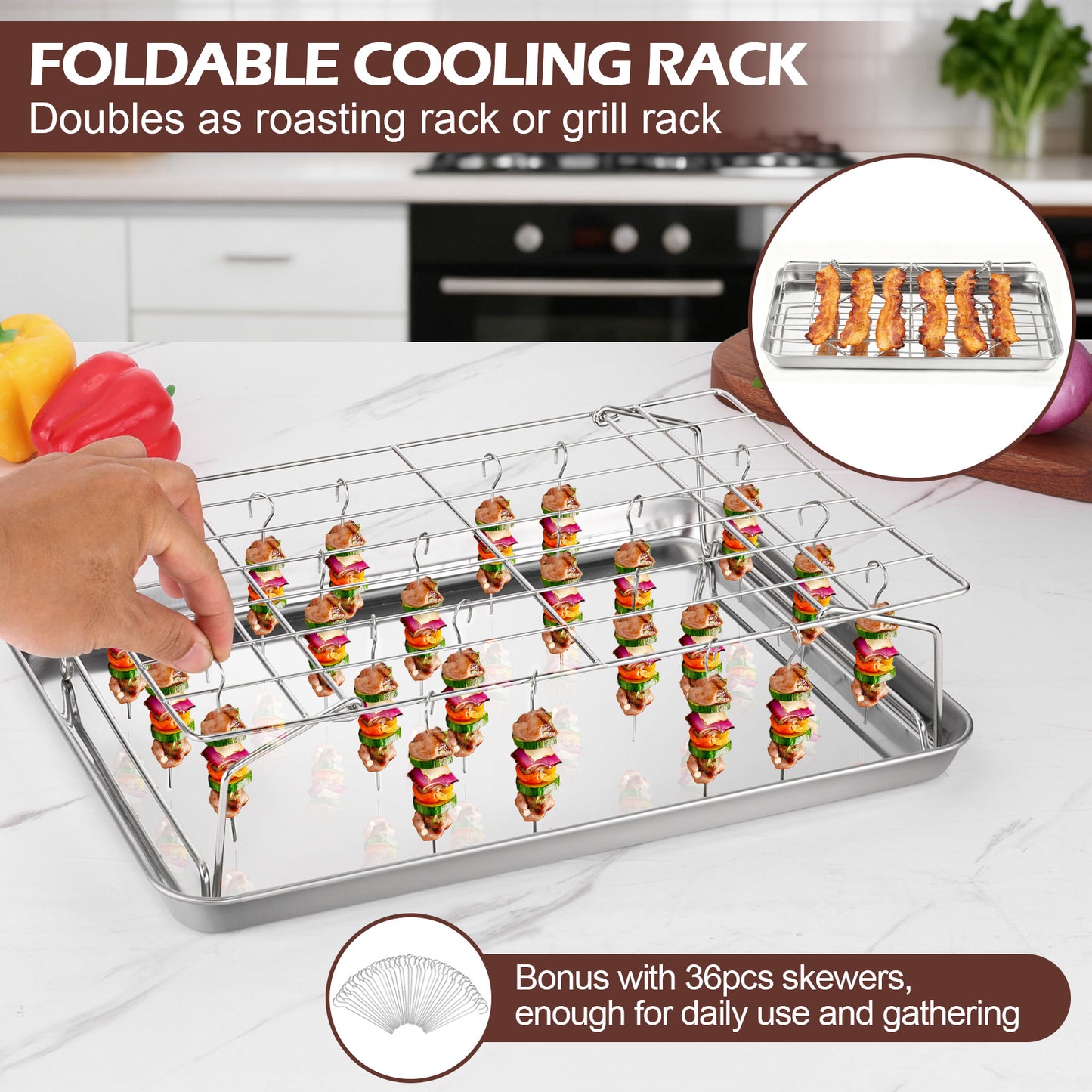 Vesteel 16 inch Air Fryer Pan with Basket Set of 4, Stainless Steel Air Fryer Grill Skewer Rack and 36Pcs Meat Skewers for Baking, Roasting, and Healthy Cooking, Dishwasher Safe