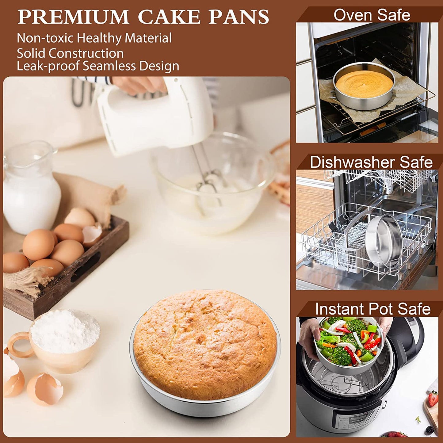 6 inch Cake Pan Set of 4, VeSteel Stainless Steel Round Cake Baking Pans, Mirror Finish & Dishwasher Safe