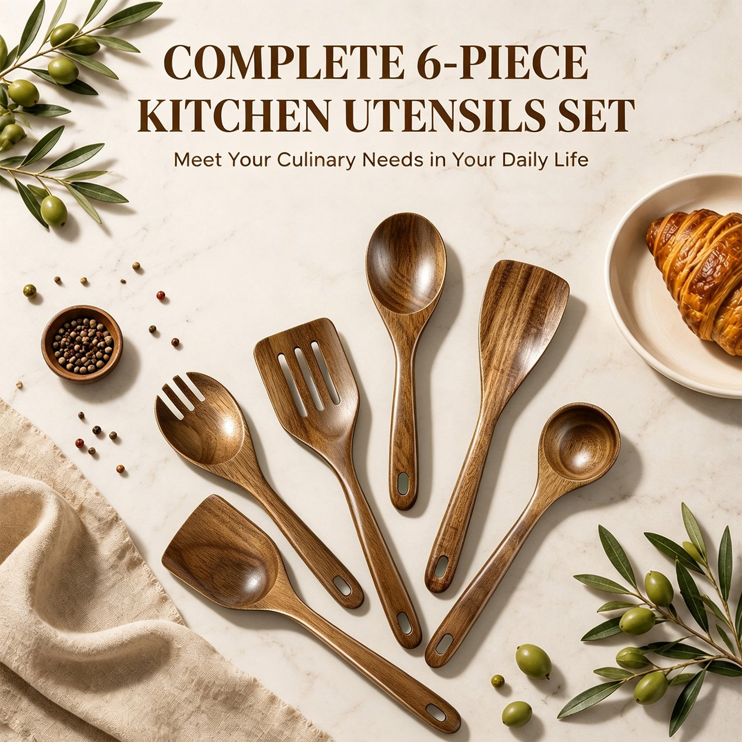 Vesteel 6-Piece Wooden Spoons for Cooking, Natural Acacia Wooden Kitchen Utensil Set, Non-Stick Kitchen Spoon&Spatula, Heat-Resistant Cooking Utensils Safe for Nonstick Cookware & Easy to Clean