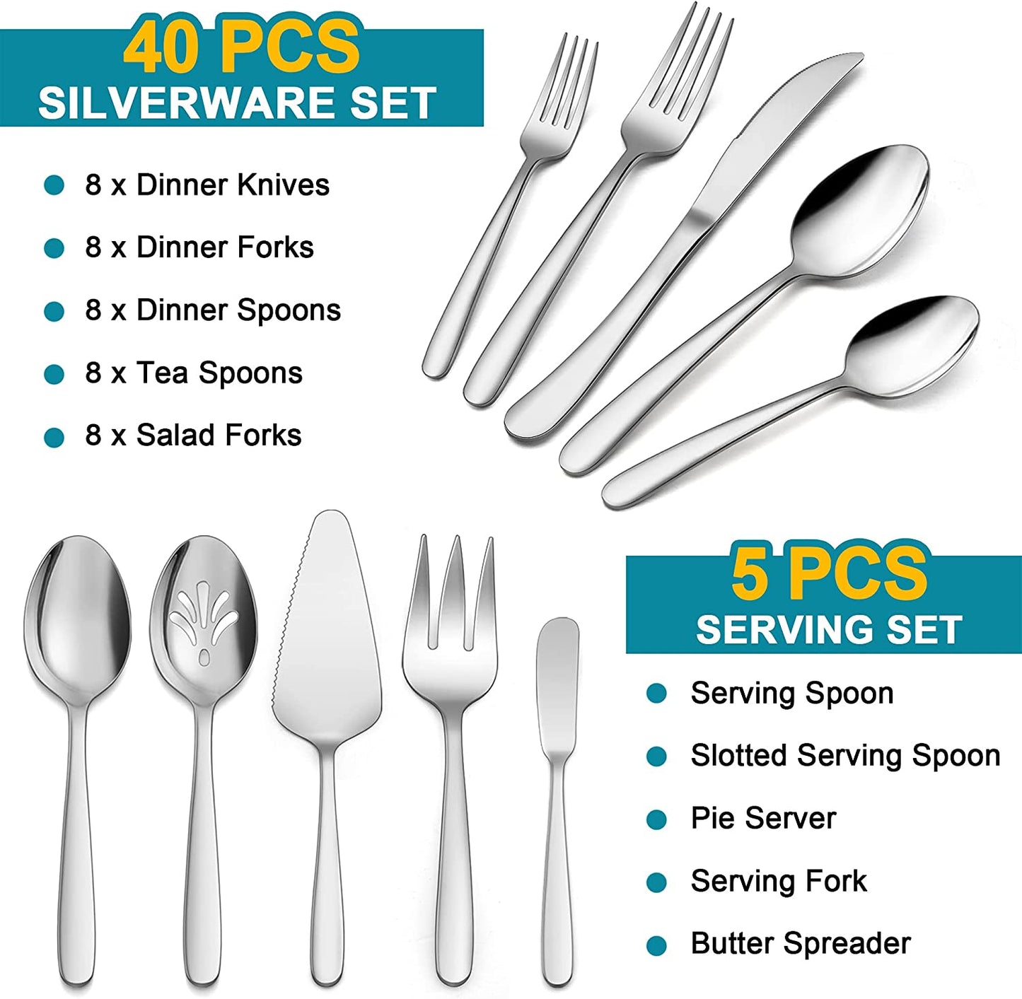 Vesteel 45 Piece Modern Silverware Set with Serving Utensils, Stainless Steel Flatware Cutlery Set for 8, Eating Utensils Tableware Include Forks Knives Spoons, Heavy Duty & Mirror Finished