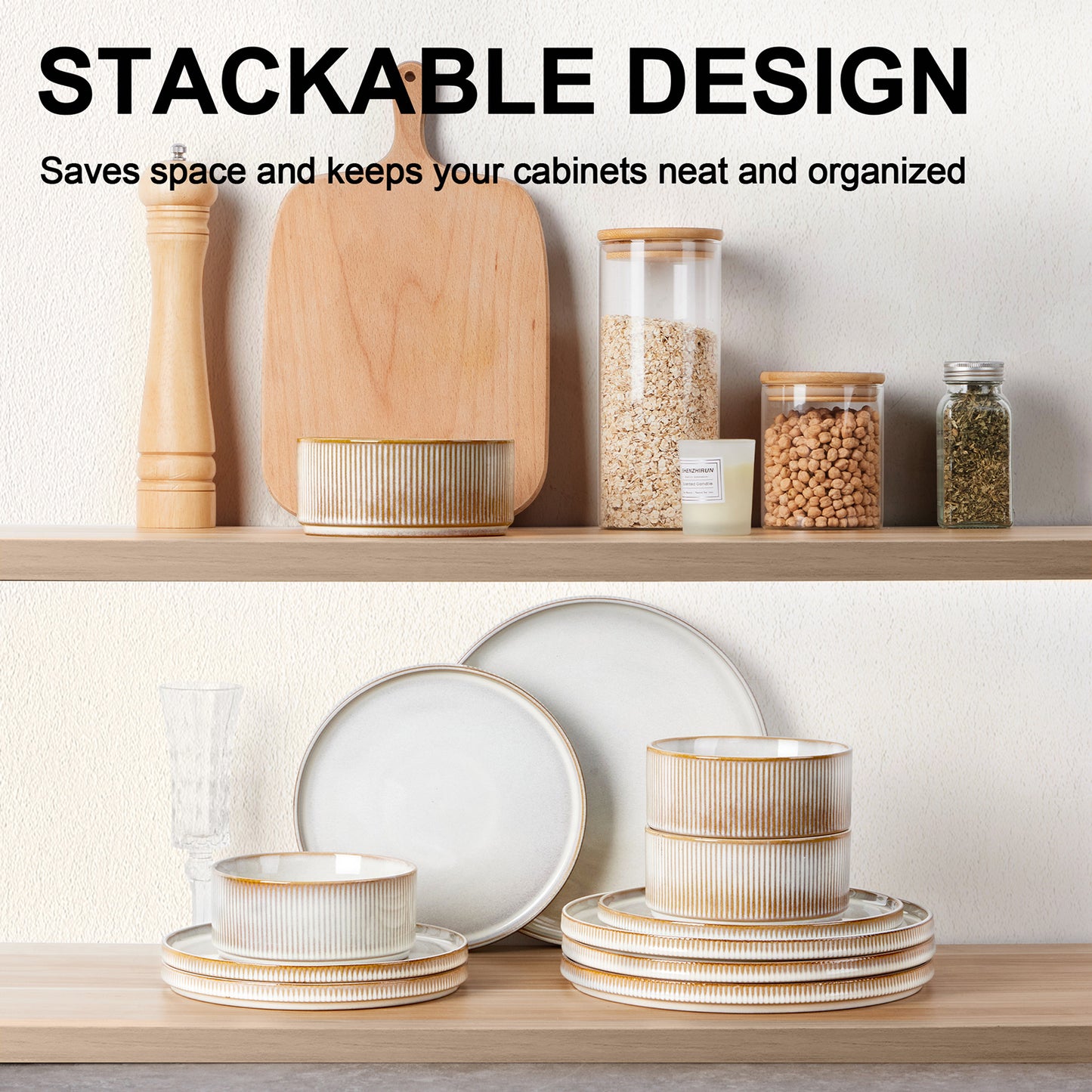 Vesteel Dinnerware Set for 4, 12-Piece Premium Stoneware Ribbed Dishes with Reactive Glaze, Chip & Scratch Resistant Plates and Bowls Set for Home Restaurant, Microwave Safe - Cappuccino White