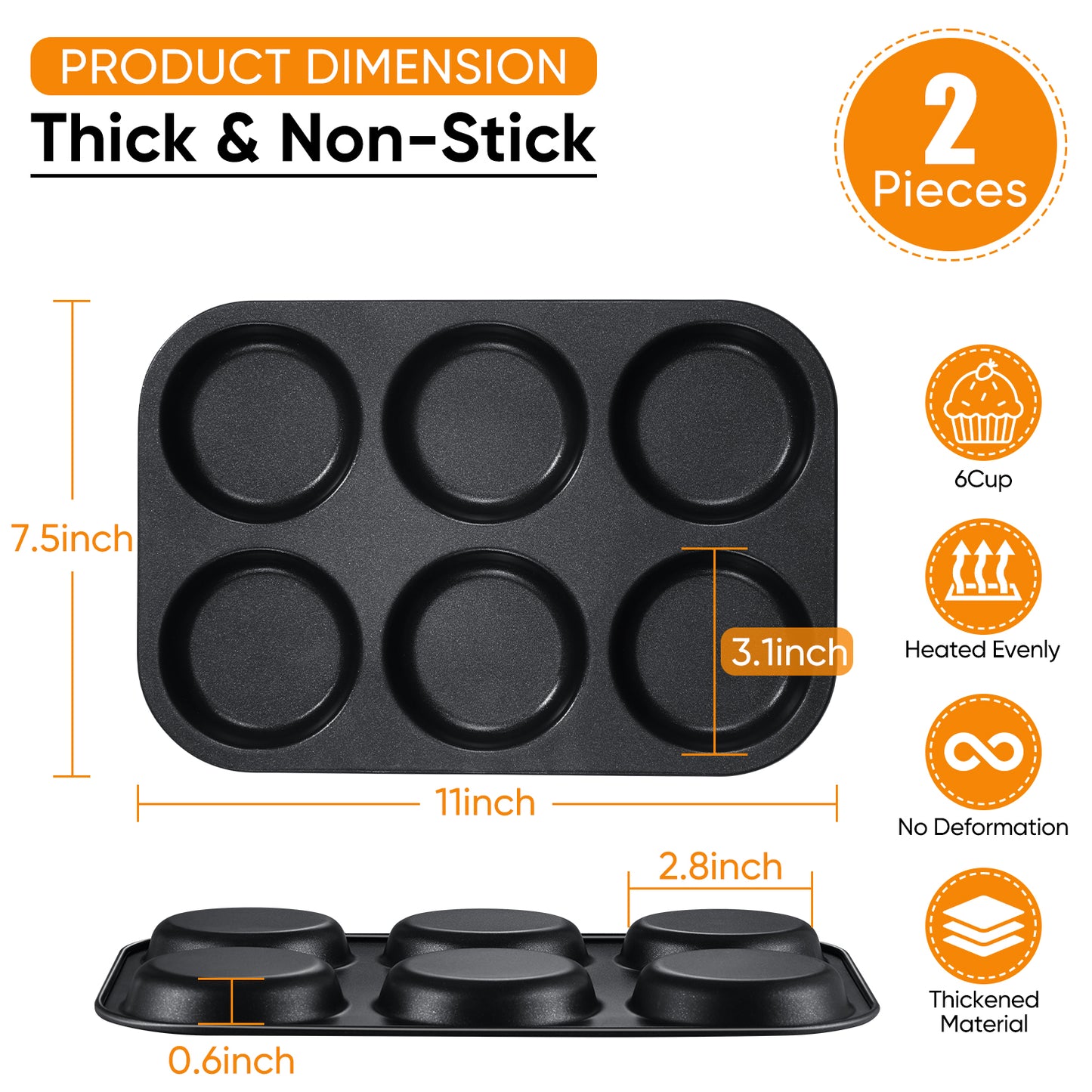 Vesteel Muffin Top Pans Set of 2, 6-Cup Stainless Steel Cupcake Pan for Baking, 11” x 7.5” Regular Size Metal Pan Tin Tray for Mini Cake Cookie Egg Hamburger, Oven Safe