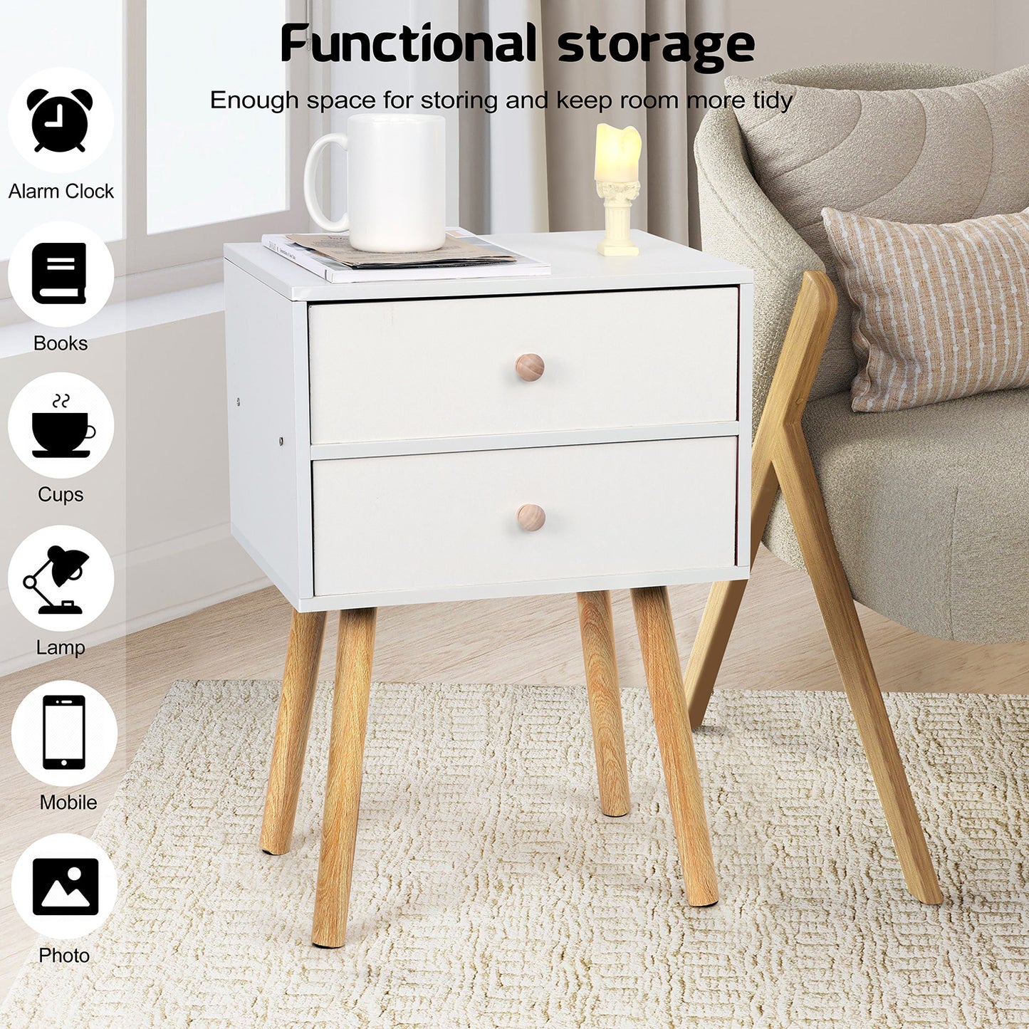 Vesteel 2 Drawer Nightstand, Modern End Table with 2 Drawers, White Bedside Furniture Dresser for Bedroom, Living Room