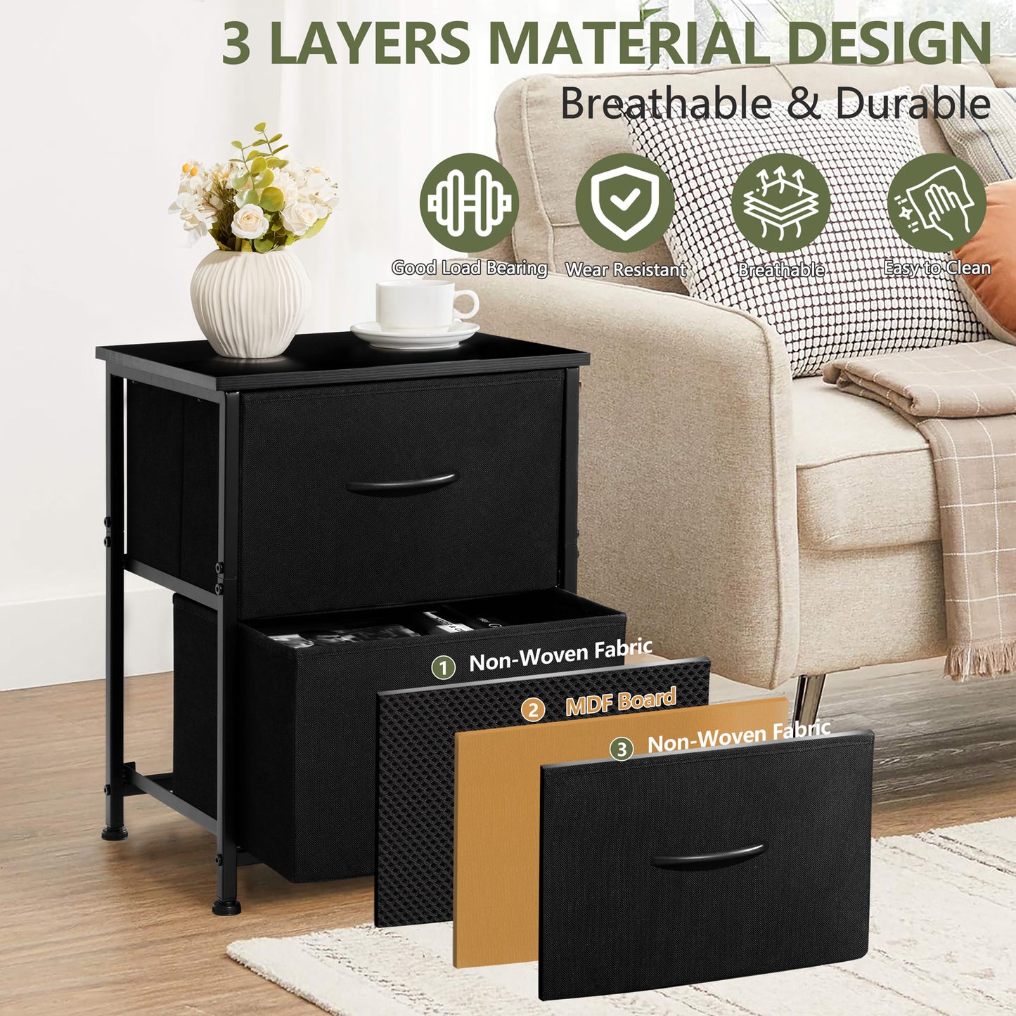 Vesteel Nightstand, 2 Drawers Dresser with Wood Top and Sturdy Steel Frame, Fabric End Table Bedside Furniture Dresser for Bedroom Closet Dorm - Black