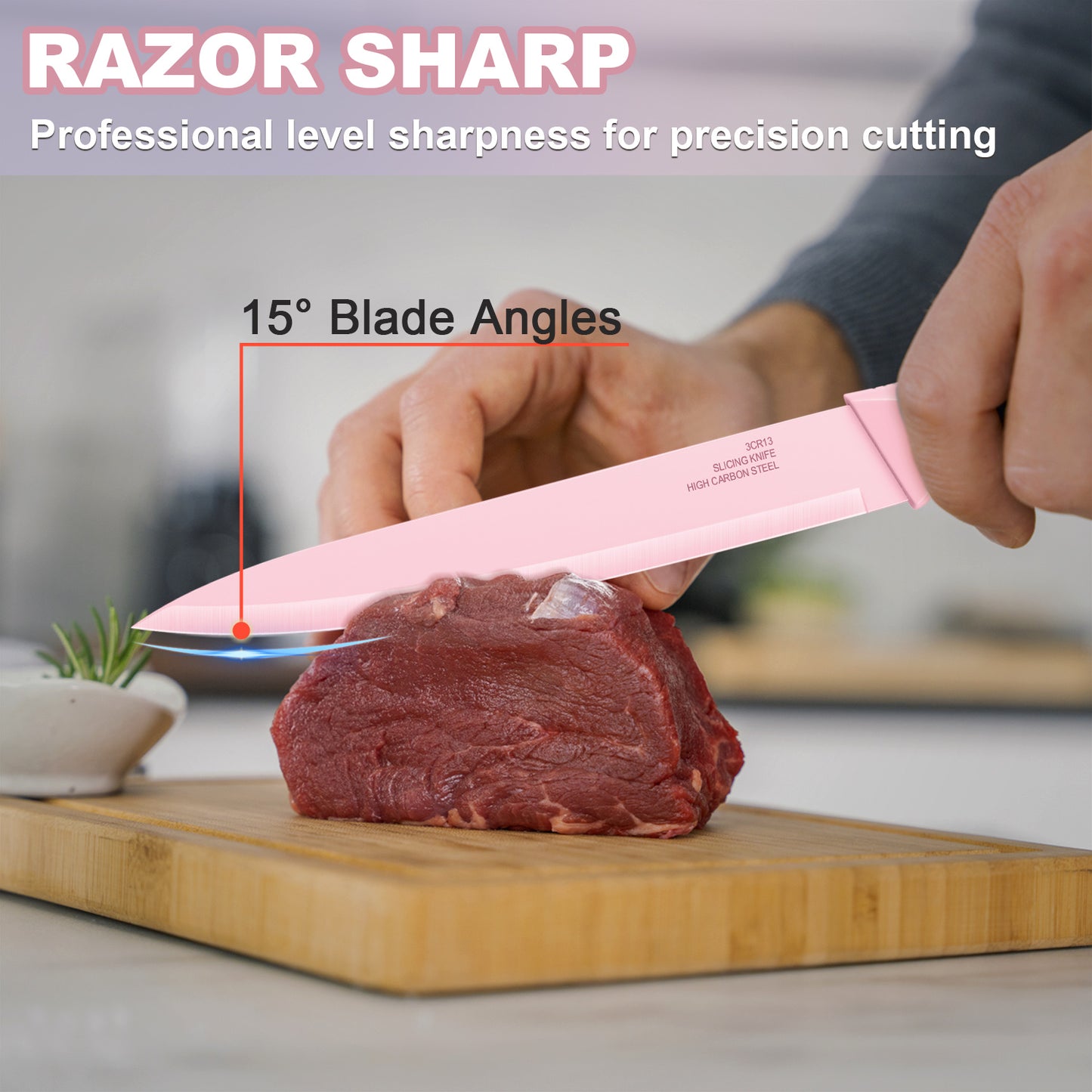 Vesteel Knife Set for Kitchen with Block, 15 Pcs Stainless Steel Kitchen Knives Set with Sharpener Kitchen Shears - Pink