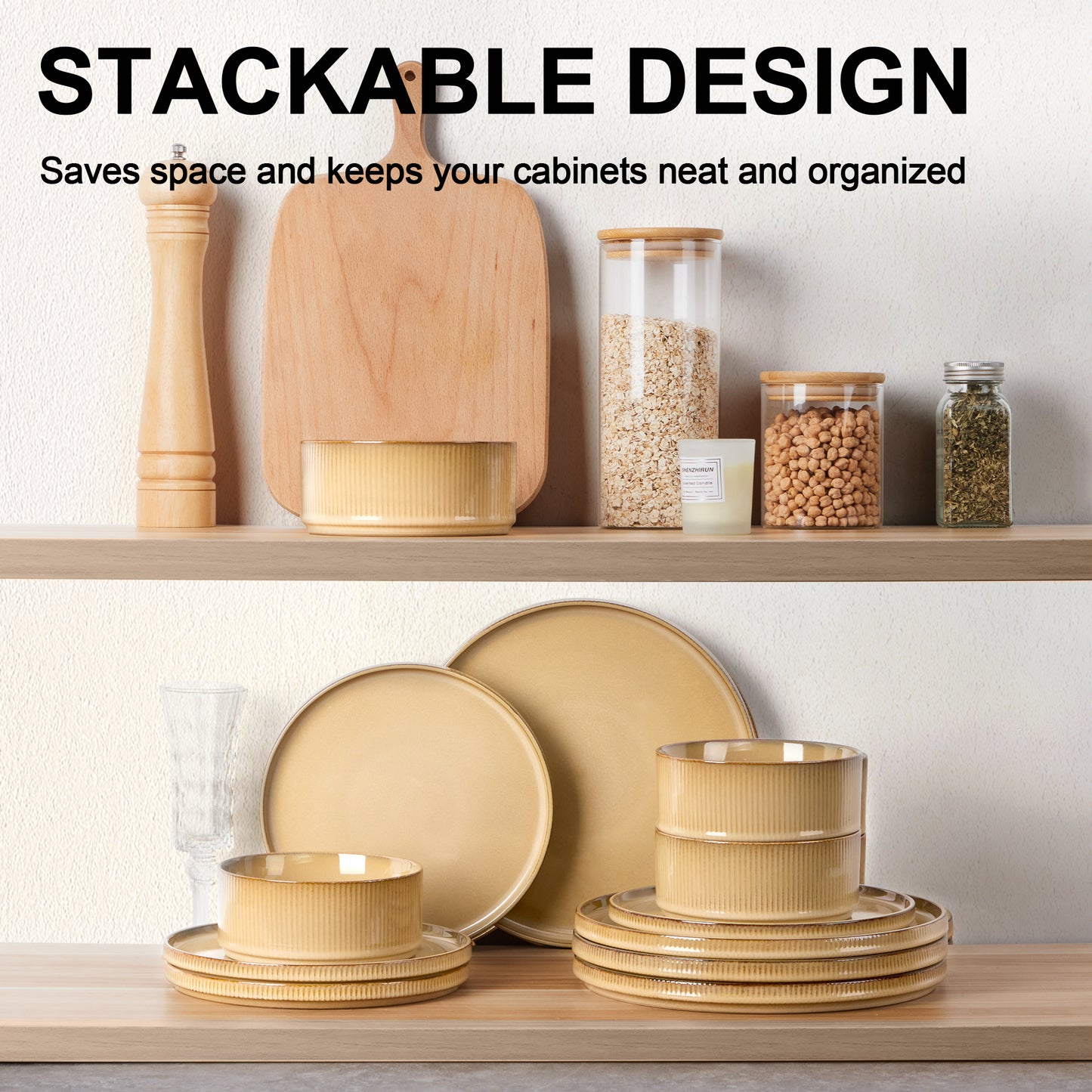 Vesteel Dinnerware Set for 4, 12-Piece Premium Stoneware Ribbed Dishes with Reactive Glaze, Chip & Scratch Resistant Plates and Bowls Set for Home Restaurant, Microwave and Dishwasher Safe - Khaki
