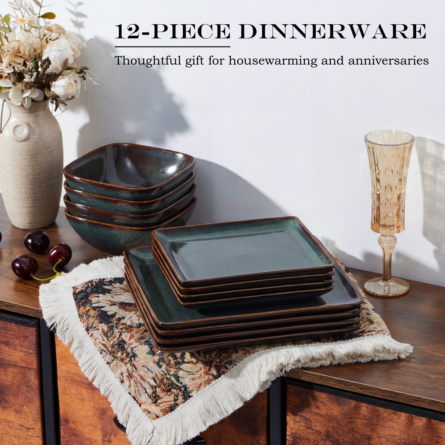 Vesteel Dinnerware Sets for 4, 12-Piece Stoneware Dish and Bowls Set, Handmade Reactive Glaze Coupe Plates Set for Family, Chip & Scratch Resistant - Forest Green