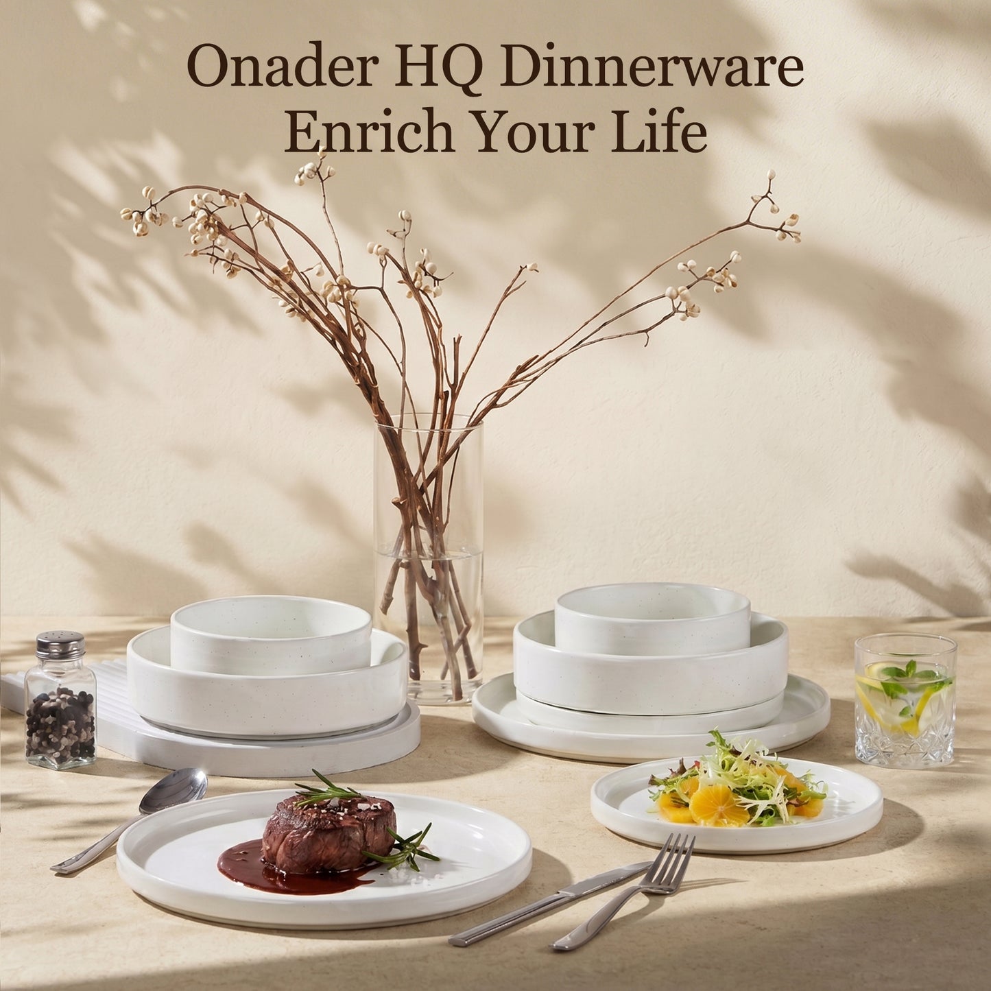 Onader 8-Piece Stoneware Dinnerware Set, Speckled Plates and Bowls Sets for the Kitchen, Microwave & Dishwasher Safe, Seashell White Speckle