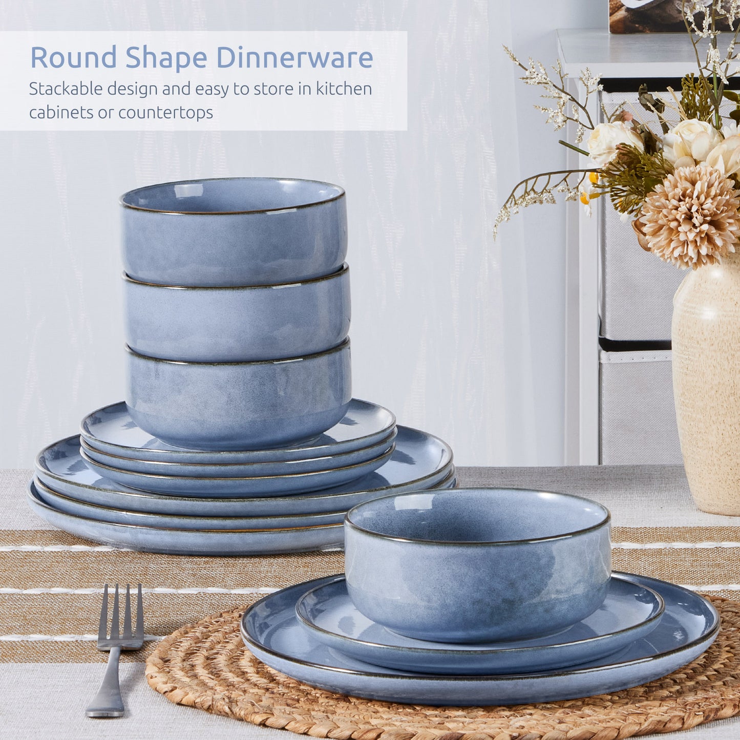 Onader 12 Piece Dinnerware Sets, Plates and Bowls Set for 4, Handmade Stoneware Dishes Sets for Home Restaurant, Dishwasher & Microwave Safe - Gray Blue