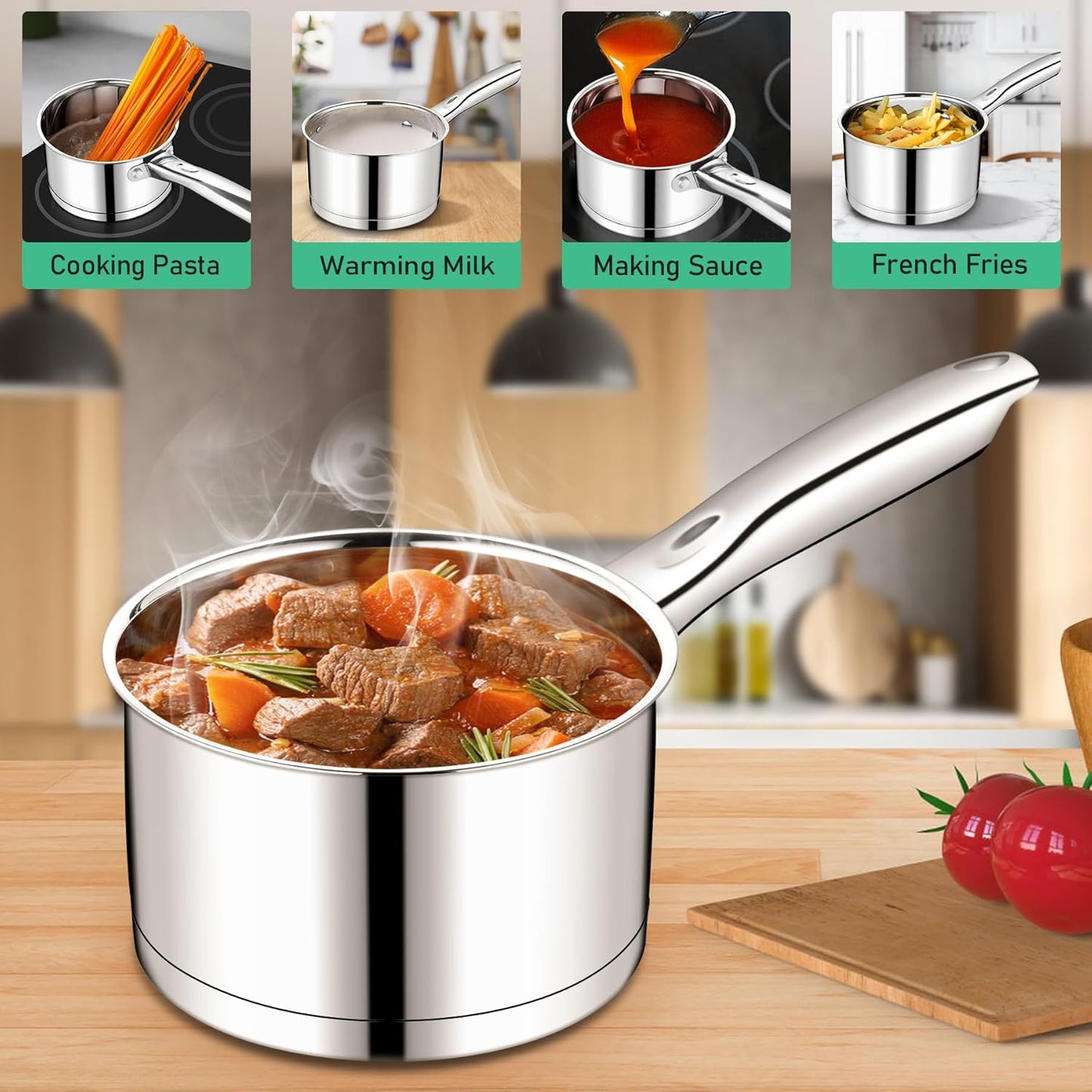 Vesteel 2QT Saucepan with Lid, Stainless Steel Small Sauce Pan, Tri-ply Composite Bottom, Heavy Duty Induction Cooking Pot for Warming Milk, Making Pasta, Boiling Soup, Dishwasher Safe