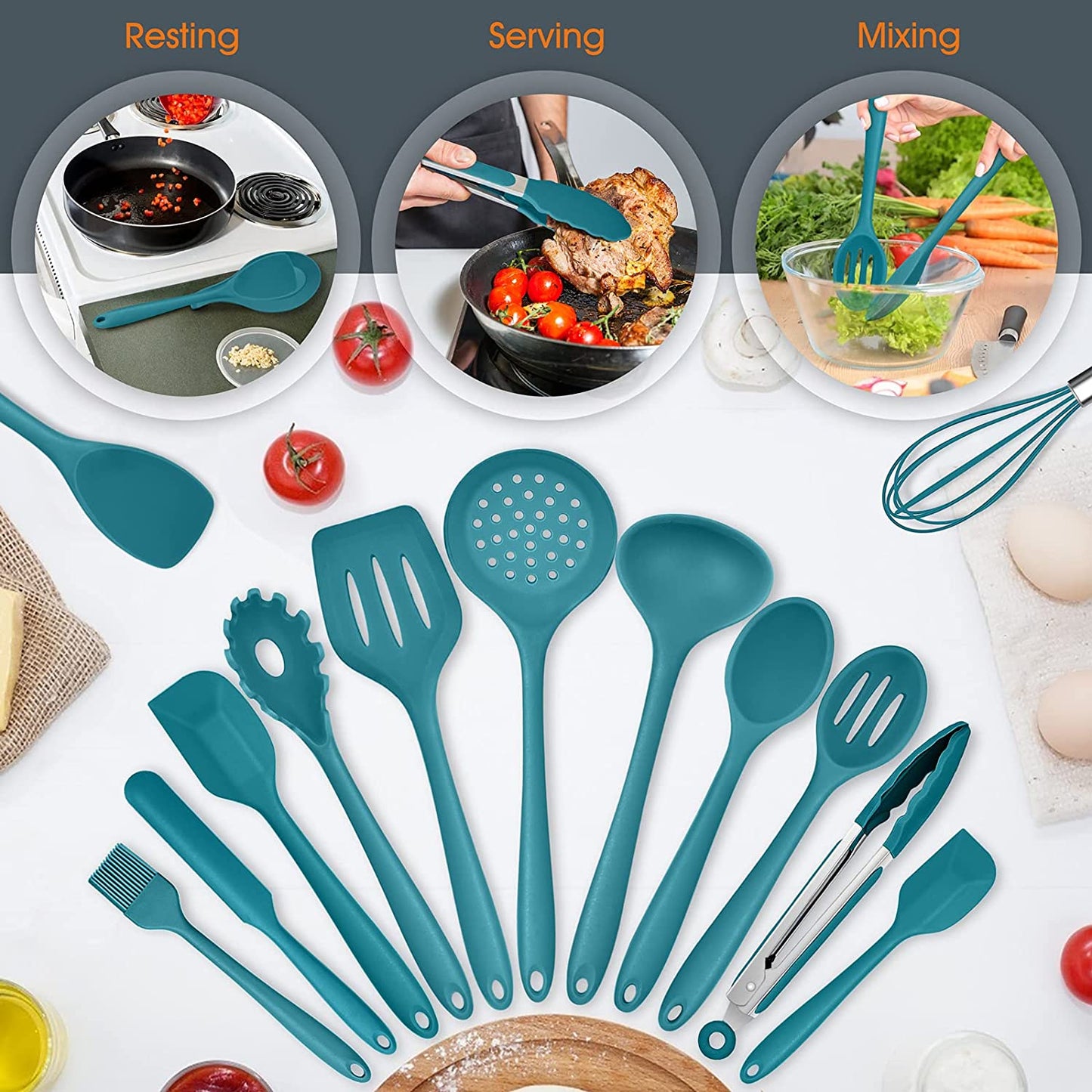 Vesteel 15-Piece Kitchen Utensils Set, Silicone Cooking Utensils with Holder, Non-stick Cookware Friendly & Heat Resistant - Teal Blue
