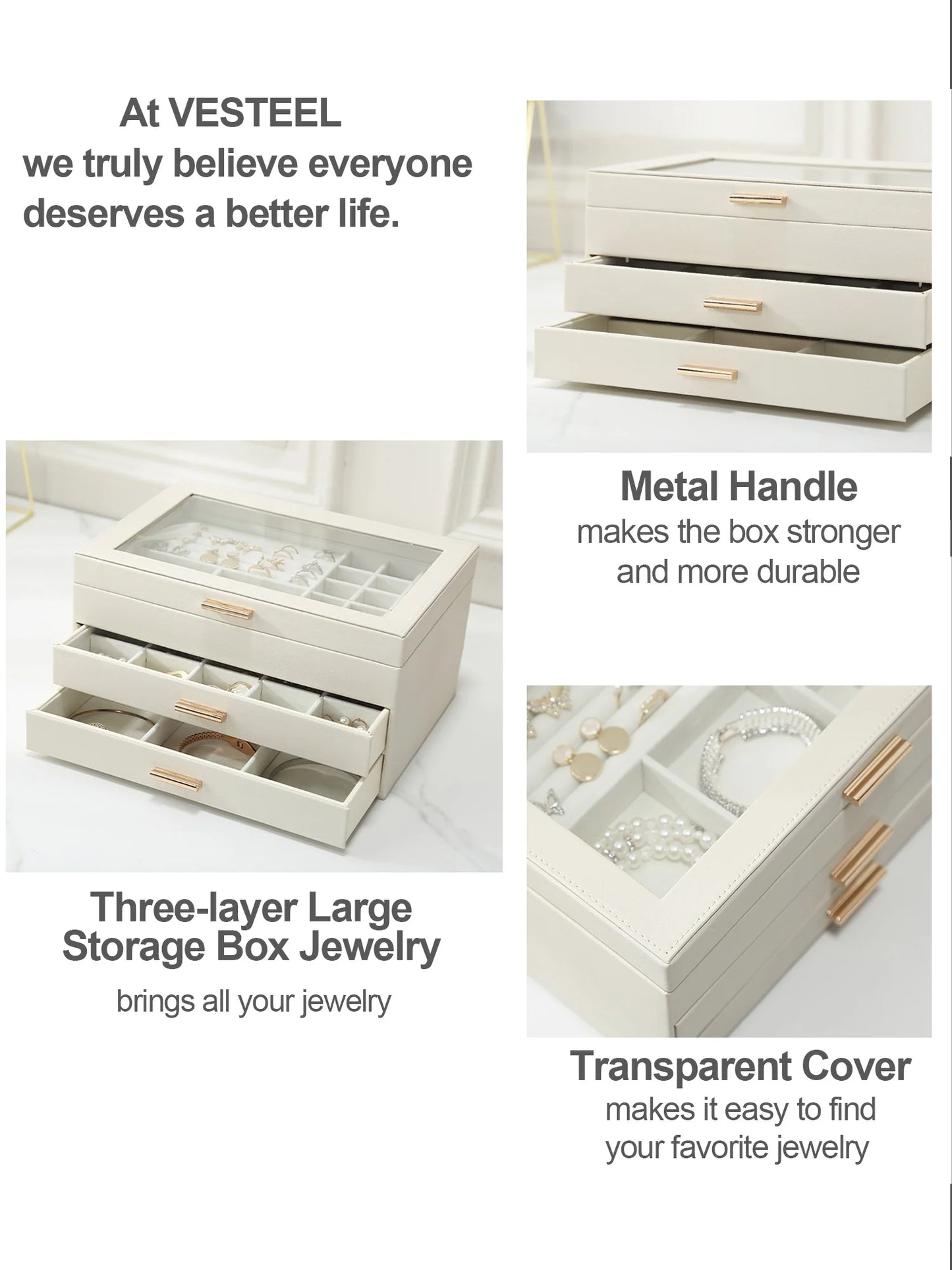 Vesteel Jewelry Box for Women Girl, 3-Layer 2 Drawer Jewelry Storage Organizer with Clear Lid for Thanksgiving Christmas, Large Jewelry Case for Rings Necklaces Earrings Watches - White