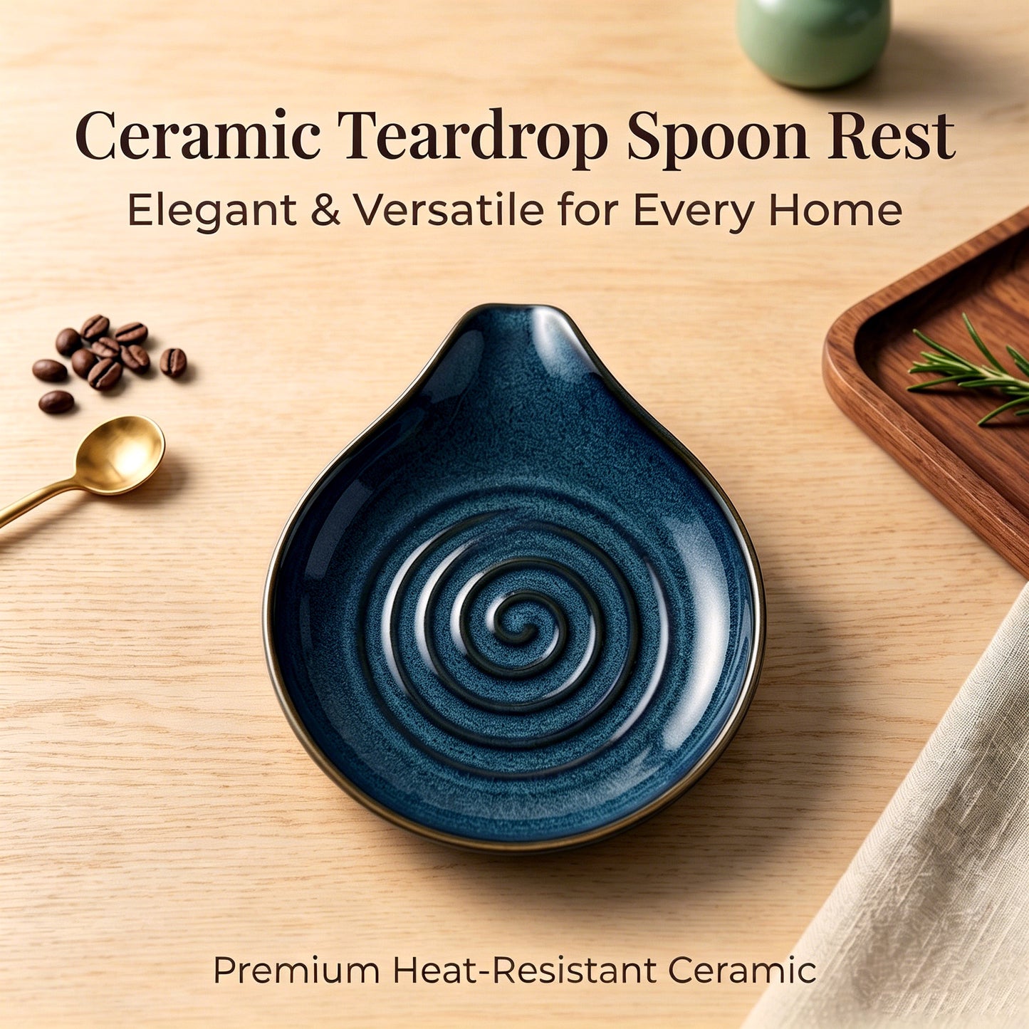 Vesteel Ceramic Spoon Rest, 5.1 inch Kitchen Teardrop Spoon Holder for Countertop, Utensil Rest for Spatula Ladle Tongs, Stove Top Spoon Tray, Heat-Resistant & Dishwasher Safe, Ocean Blue