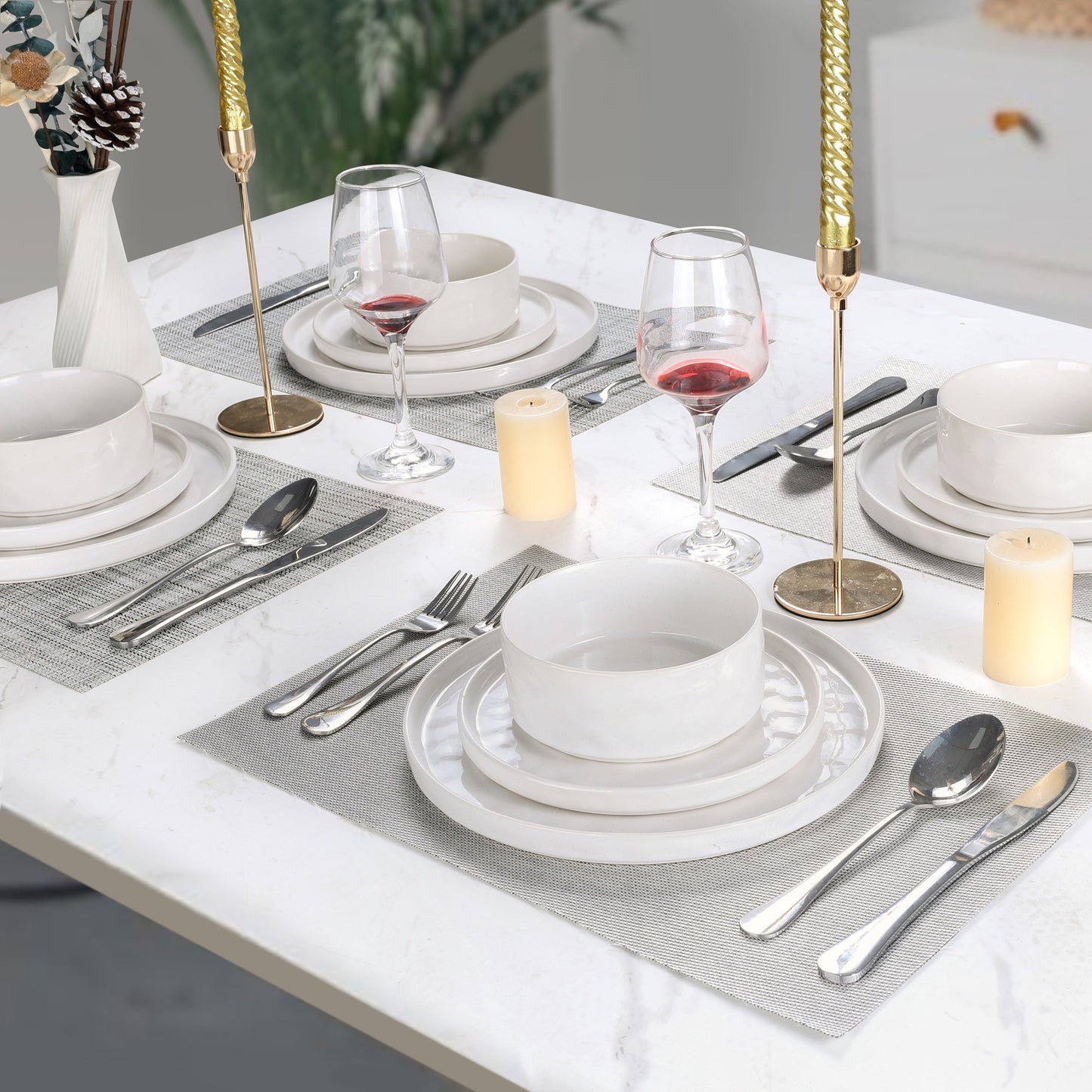 Vesteel Dinnerware Sets, 12-Piece Stoneware Plates and Bowls Set, Dishes Set for 4, Elegant Ceramic Dinnerware for Home Restaurant - Luna White