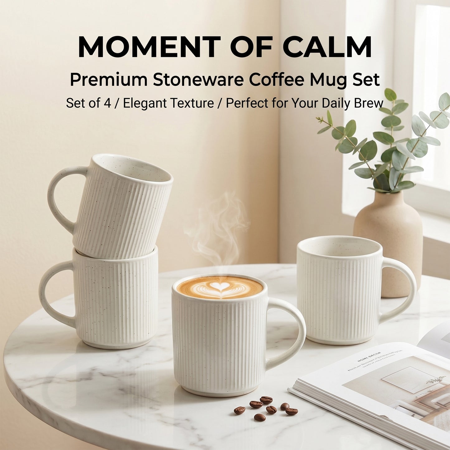 Onader 4-Pieces Coffee Mugs Set, Water Cups with Large Handle, 12 oz Ceramic Mugs Suitable for Tea Milk Latte, Stain-Resistant & Microwave Safe, Speckle White