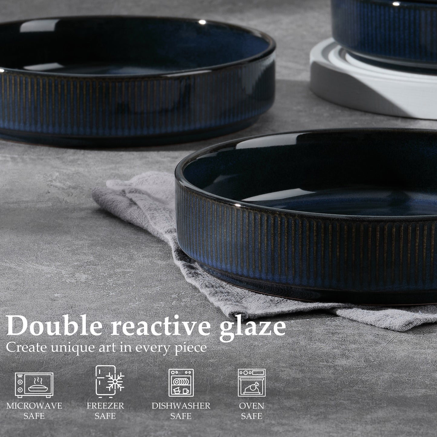 Vesteel Pasta Bowls Set of 4, 32oz Large Salad Bowls for Dinner Serving Soup, Ceramic Stoneware Pasta Plates with Textured Stripes, Microwave & Dishwasher Safe, Ocean Blue
