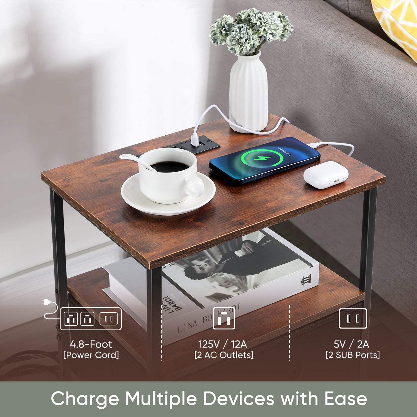 Vesteel Nightstand with Charging Station, 3-Tier Storage End Table with Drawer Shelf, Night Stand for Small Spaces, Bed Side Table for Living Room Bedroom - Rustic Brown