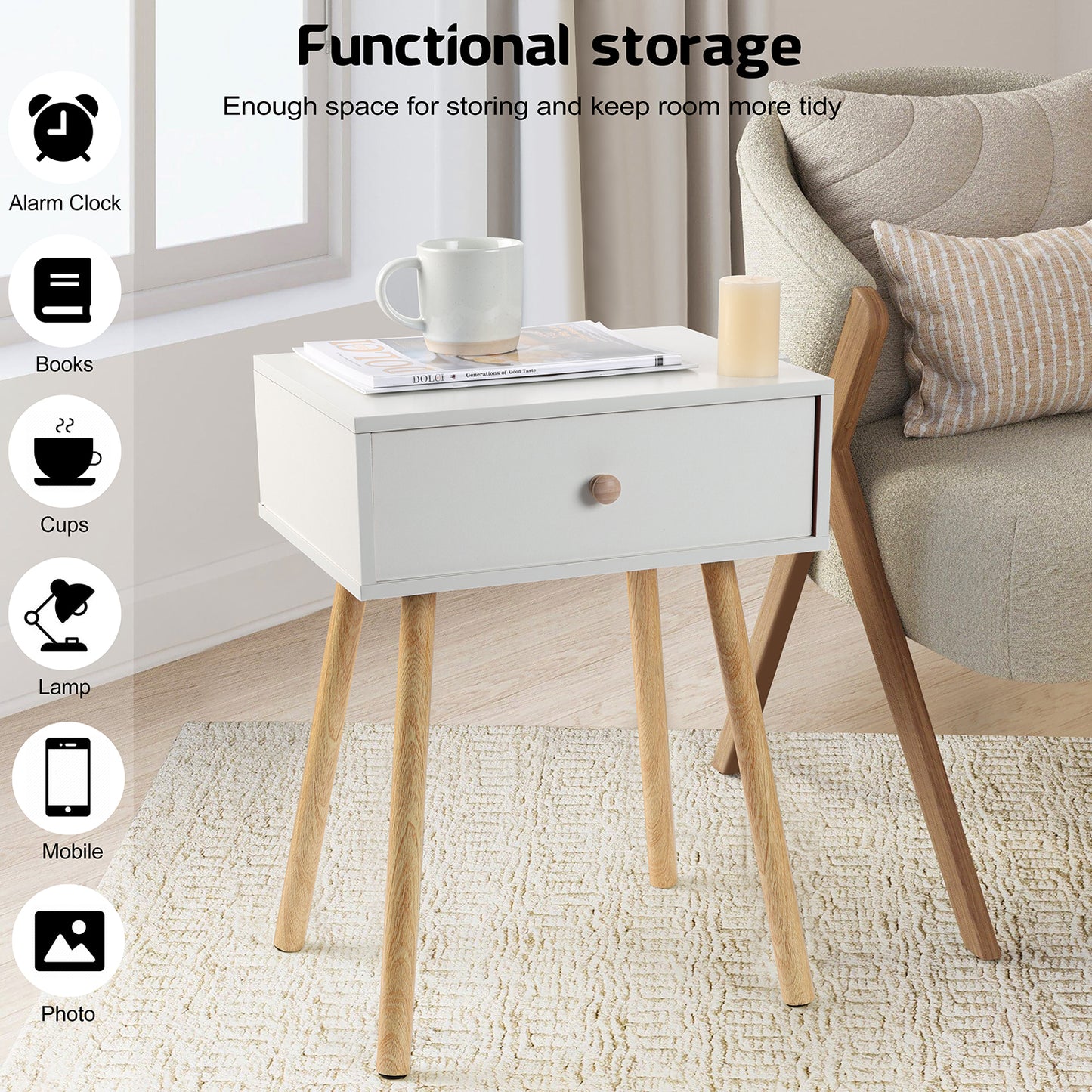 Vesteel Nightstands Set of 2, Modern End Table with Drawer, White Bedside Furniture Dresser for Bedroom, Living Room