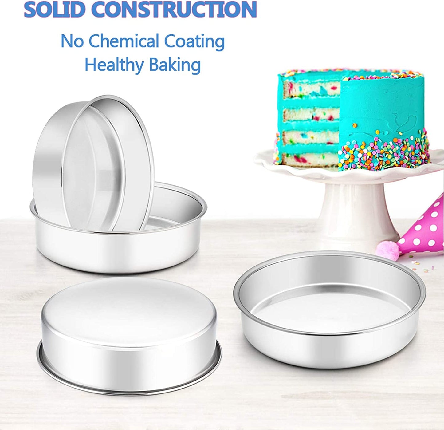 Vesteel 8 inch Cake Pan Set of 4, Stainless Steel Round Layer Cake Baking Pans, Non-Toxic & Healthy, Mirror Finish & Dishwasher Safe