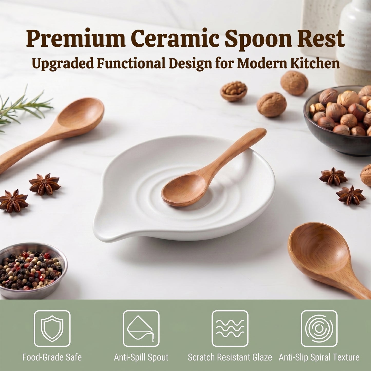 Onader 2-Piece Spoon Rest, 5" Ceramic Spoon Holder for Kitchen Utensils Soup Ladle Slotted Turner Spatula, Cooking Utensil Rest for Kitchen Countertop, Seashell White