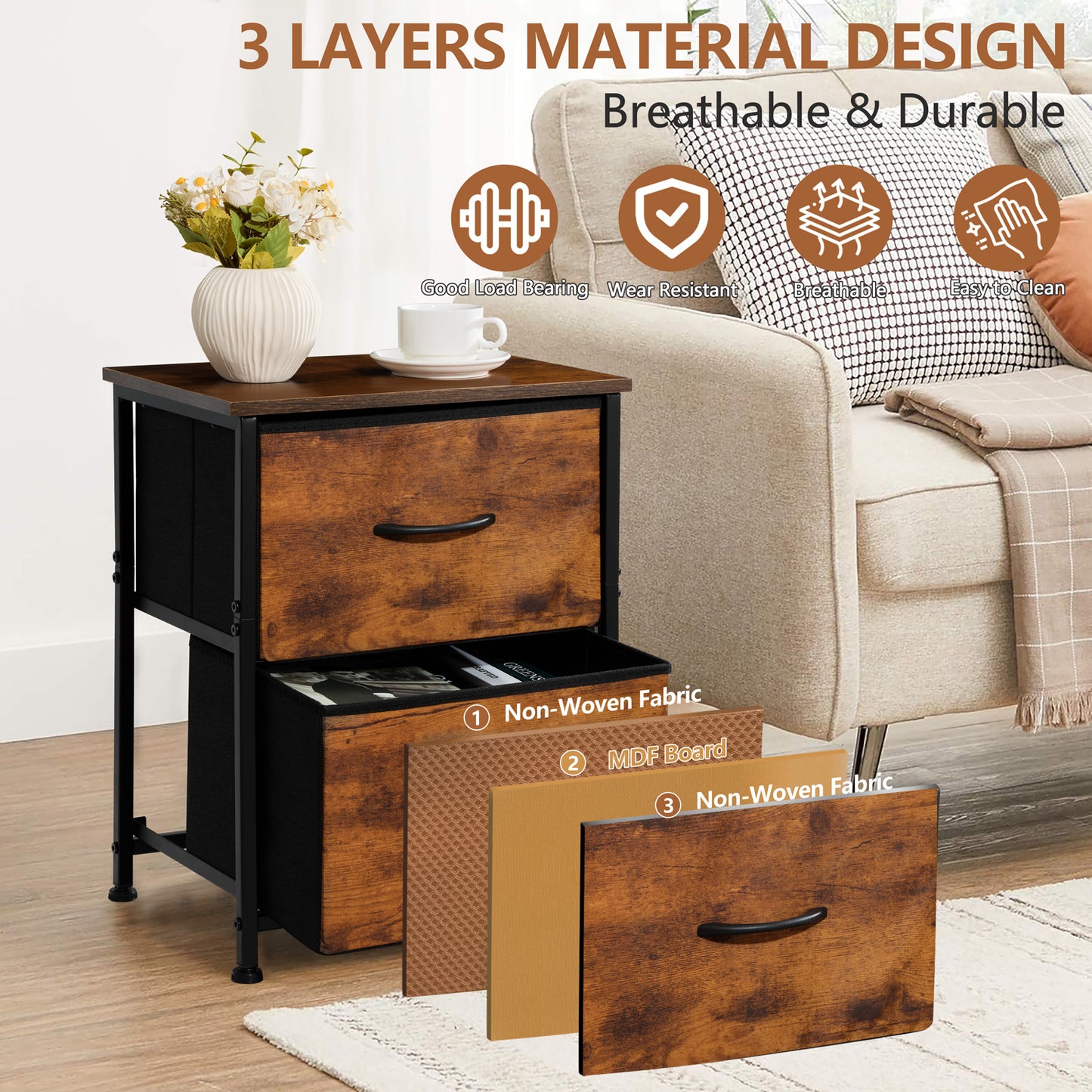 Vesteel Nightstand, 2 Drawers Dresser with Wood Top and Sturdy Steel Frame, Fabric End Table Bedside Furniture Dresser for Bedroom Closet Dorm - Rustic Brown