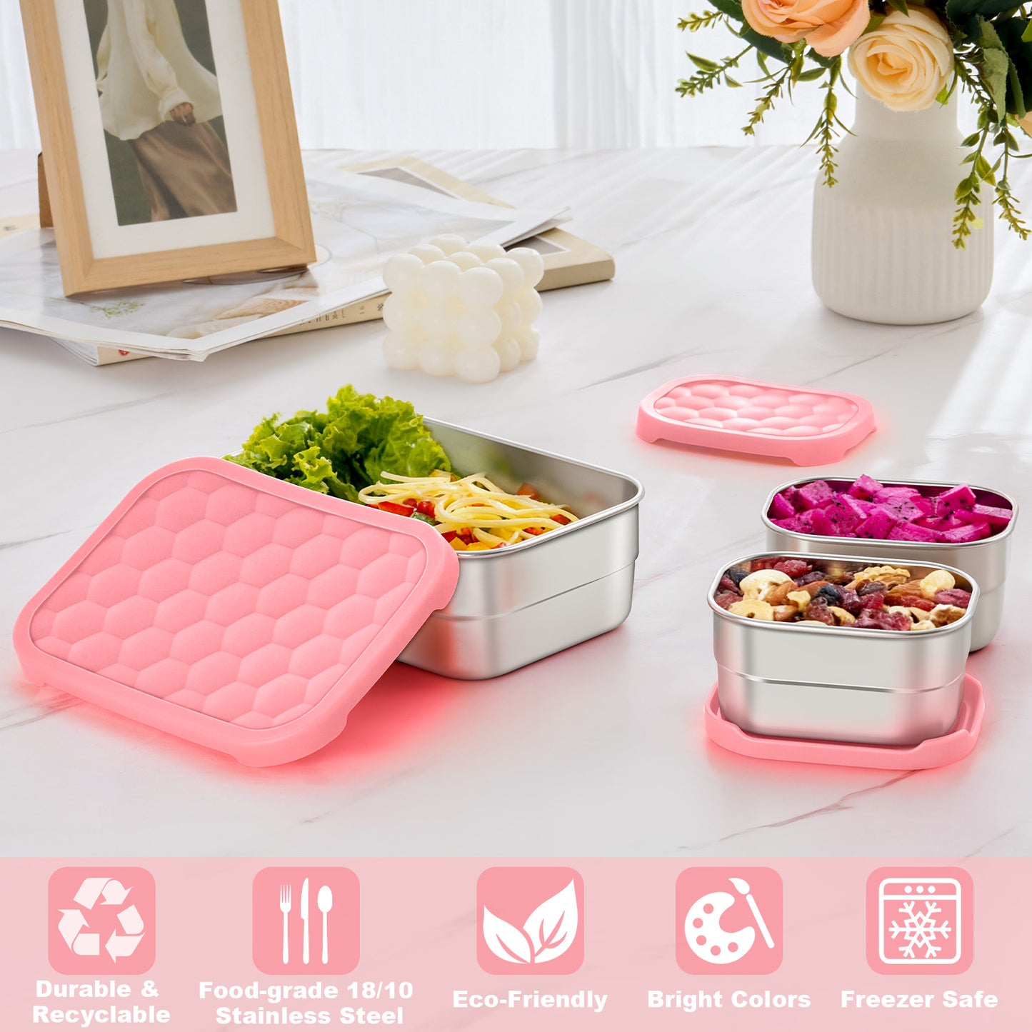 Vesteel Stainless Steel Lunch Container Set, Leak Proof Bento Box with Silicone Lids, Portable Metal Lunch Box for School and Daycare(25OZ + 8OZ*2), Pink