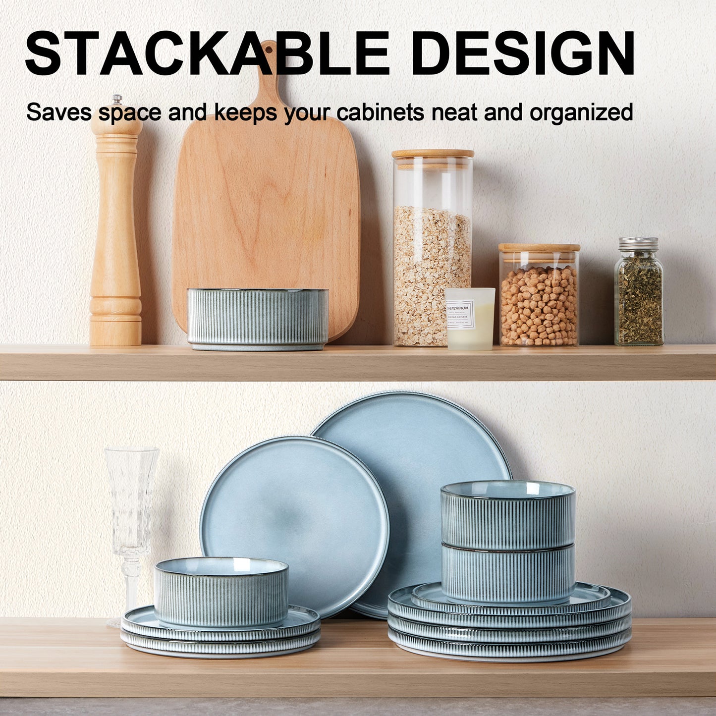 Vesteel Dinnerware Set for 4, 12-Piece Premium Stoneware Ribbed Dishes with Reactive Glaze, Chip & Scratch Resistant Plates and Bowls Set for Home Restaurant, Microwave Safe - Smoky Blue
