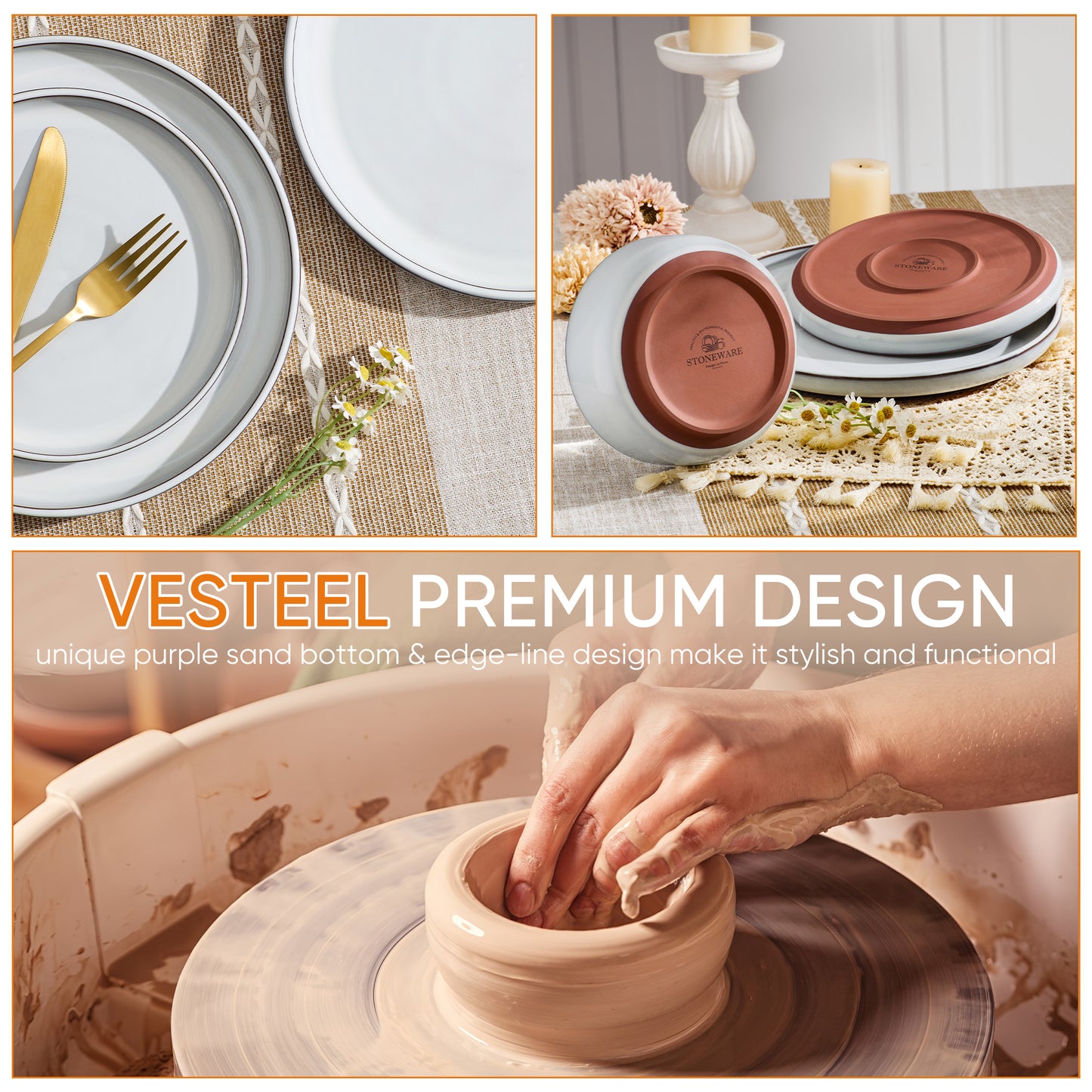 Vesteel 12-Piece Dinnerware Sets, Stoneware Dish and Bowls Set for 4, Ceramic Plates Set with Zisha Clay Base for Home Kitchen, Chip & Scratch Resistant - Ivory White