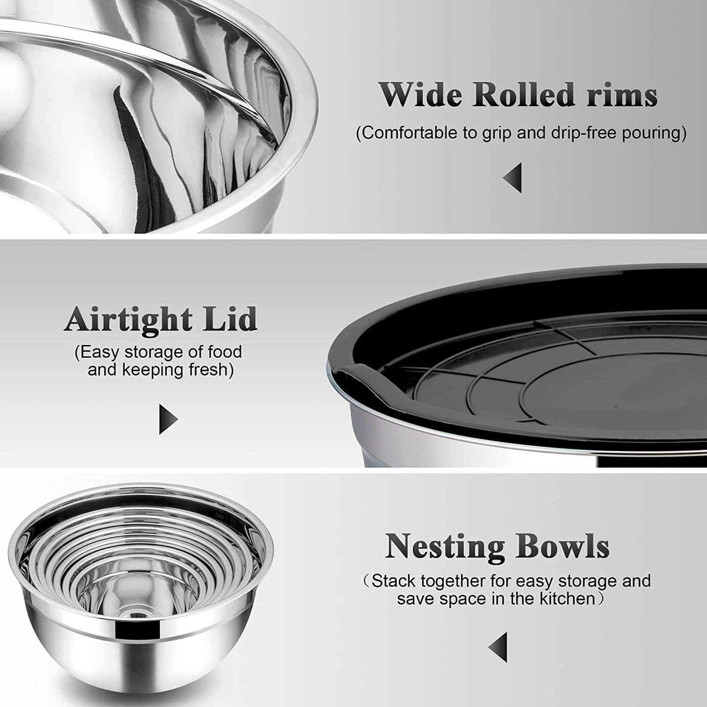 Vesteel 7 PCS Stainless Steel Mixing Bowls, Metal Nesting Salad Bowls with Lids, 4.5/3.5/3/2.5/1.5/1.2/0.7 QT - Black
