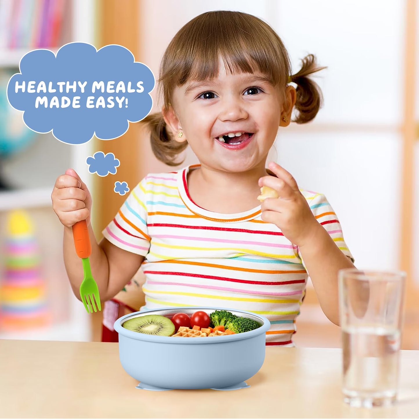 Vesteel Stainless Steel Kids Bowls with Suction, 3-Piece Suction Plates & Bowls for Toddlers, Removable Silicone Shell & Dishwasher Safe, Blue/Pink/Grey