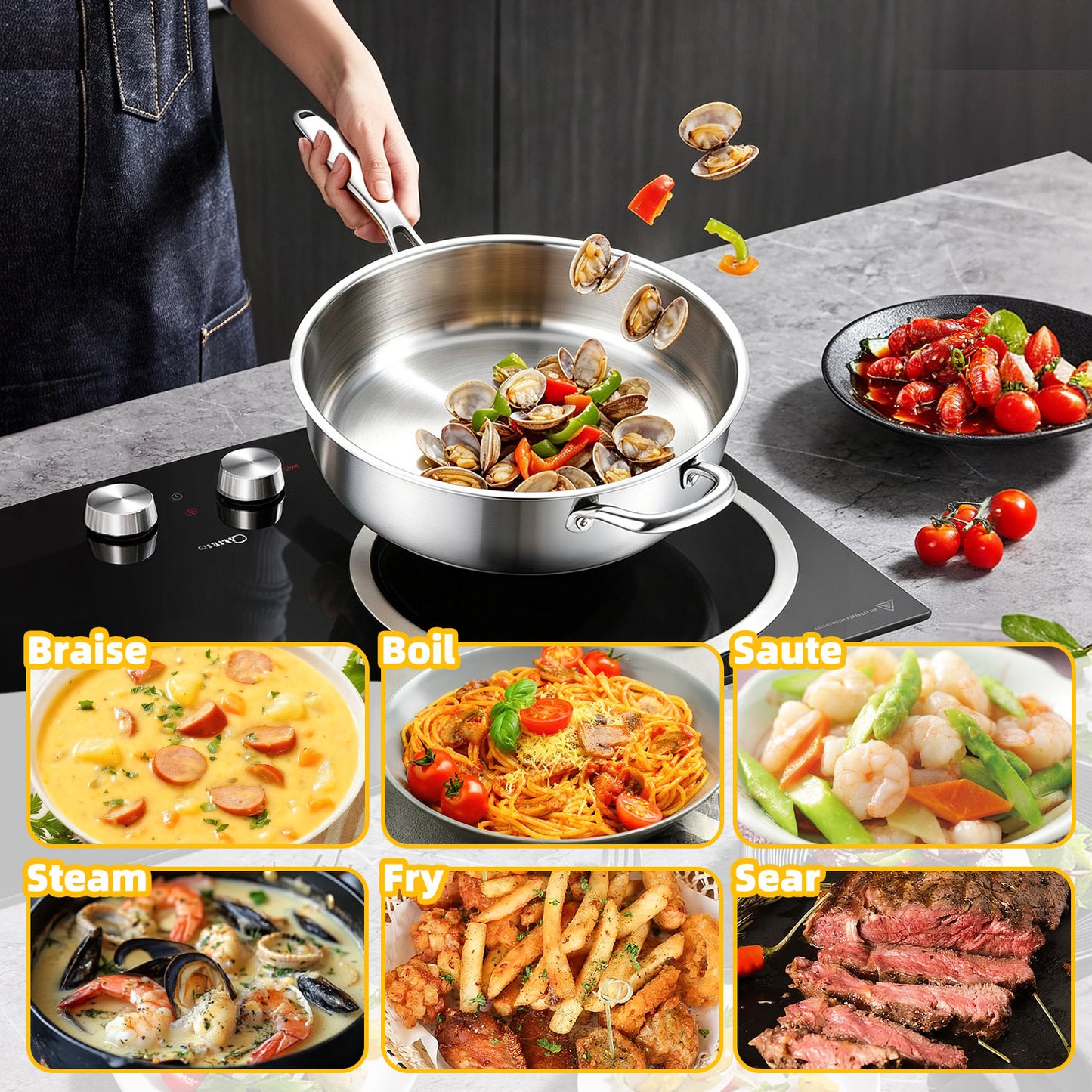 Vesteel 4.5 Quart Tri-Ply Saute Pan with Lid, 10” Stainless Steel Kitchen Skillet with Removable Handle, Healthy Non-toxic Cooking Pan, Induction Compatible & Dishwasher Safe