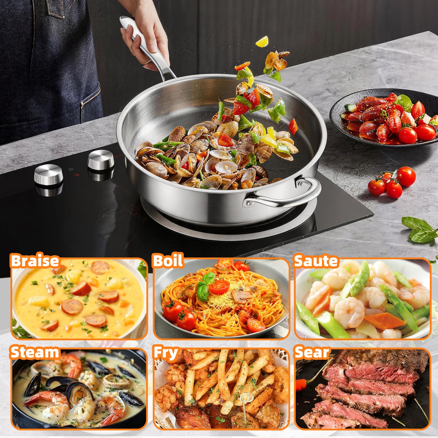 Vesteel 6 Quart Tri-Ply Saute Pan with Lid, 12” Stainless Steel Kitchen Skillet with Removable Handle, Healthy Non-toxic Cooking Pan, Induction Compatible & Dishwasher Safe