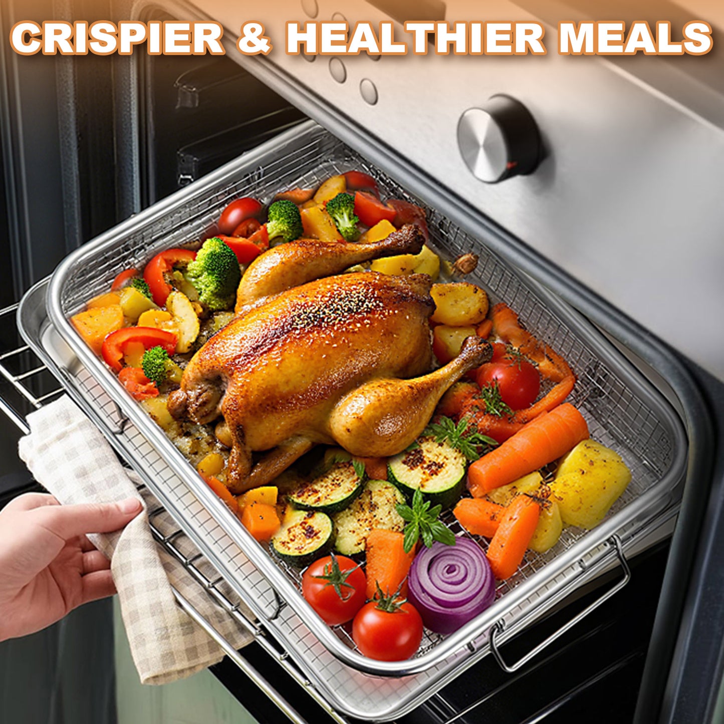 Vesteel 16 inch Air Fryer Pan with Basket Set of 2, Stainless Steel Oven Crisper Tray for Baking, Roasting, and Healthy Cooking, Dishwasher Safe