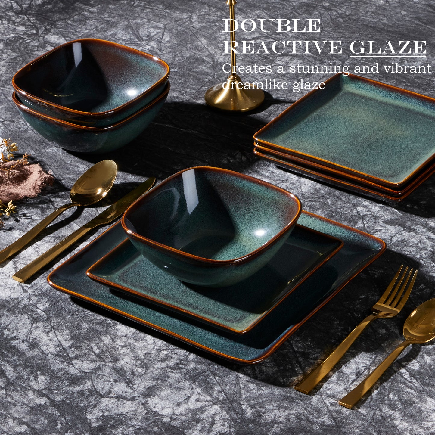 Vesteel Dinnerware Sets for 4, 12-Piece Stoneware Dish and Bowls Set, Handmade Reactive Glaze Coupe Plates Set for Family, Chip & Scratch Resistant - Forest Green