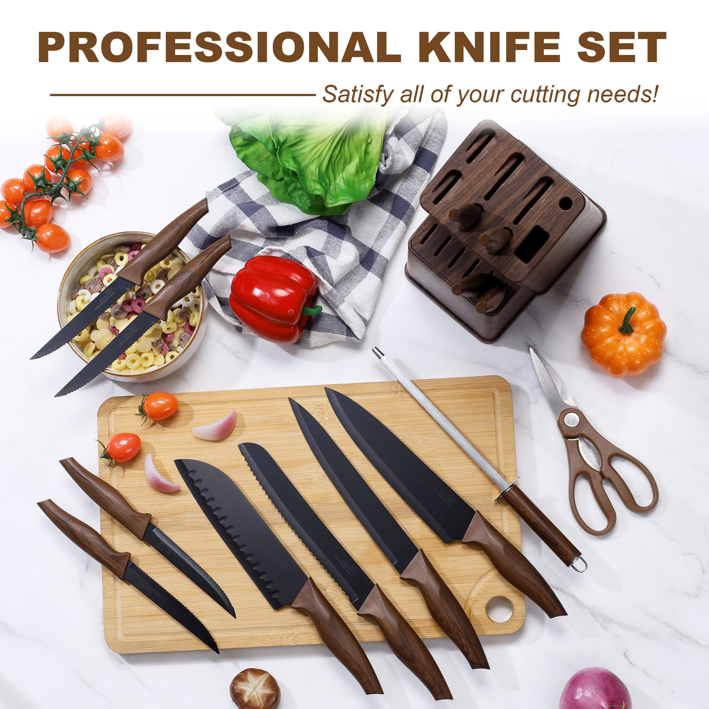Vesteel Knife Set for Kitchen with Block, 15 Pcs Stainless Steel Kitchen Knives Set with Sharpener Kitchen Shears - Walnut Brown