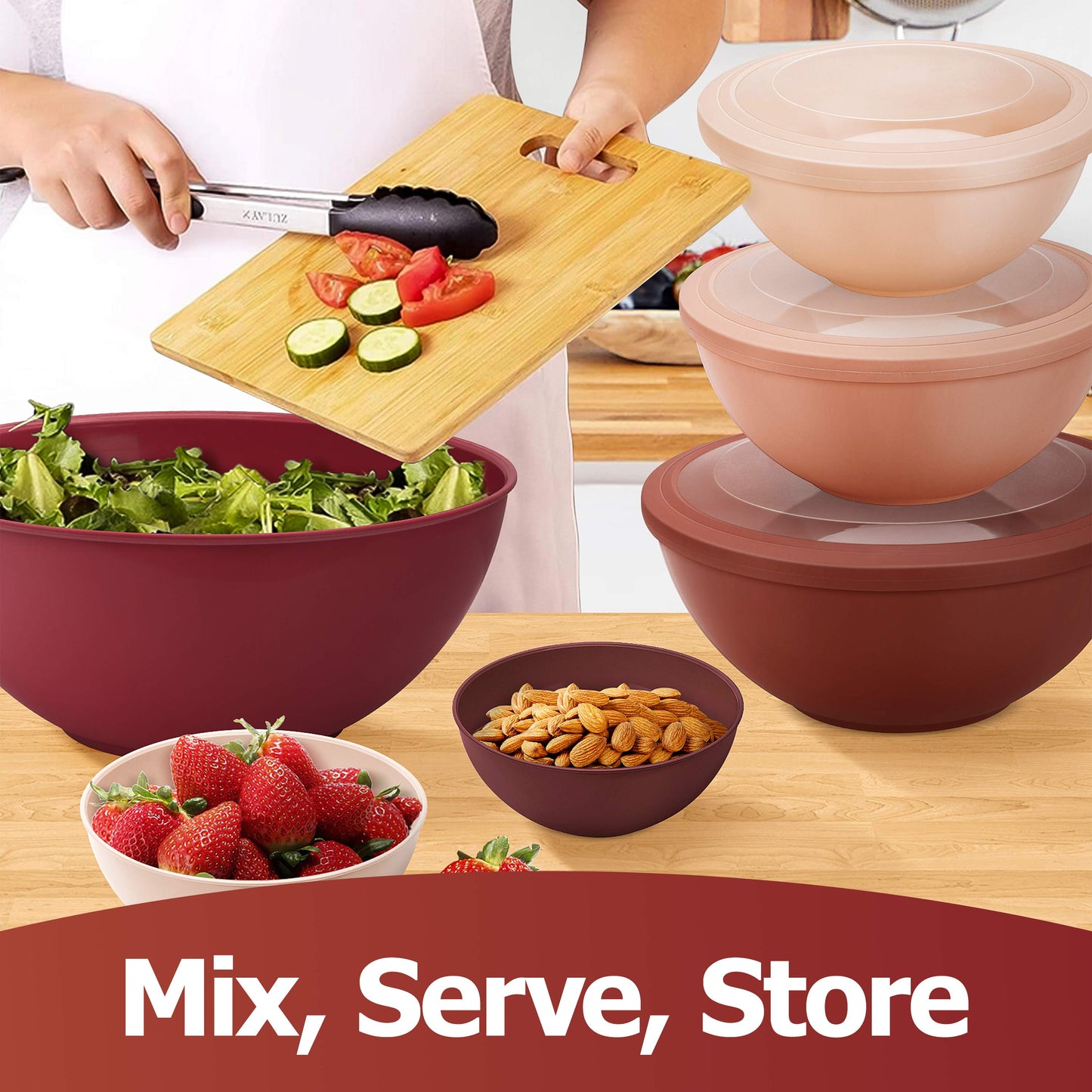 Vesteel 6Pcs Mixing Bowl Set with Lids, Plastic Nesting Bowls for Mixing, Storage, Kitchen Prepping, Serving Food, Microwave & Dishwasher Safe - Red