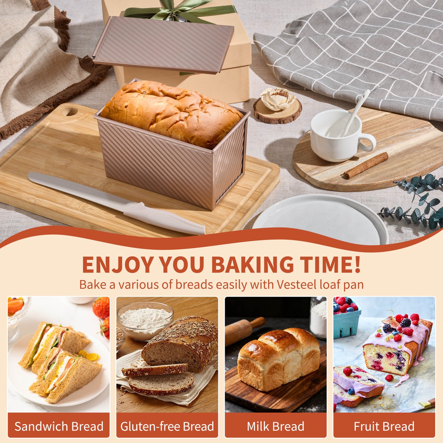Vesteel Pullman Loaf Pan with Lid, 1 Pound Dough Capacity Rectangular Bread Pan for Homemade Bread, Non-Stick Long Bread Pan with Dough Scraper & Silicone Brush, Rose Gold