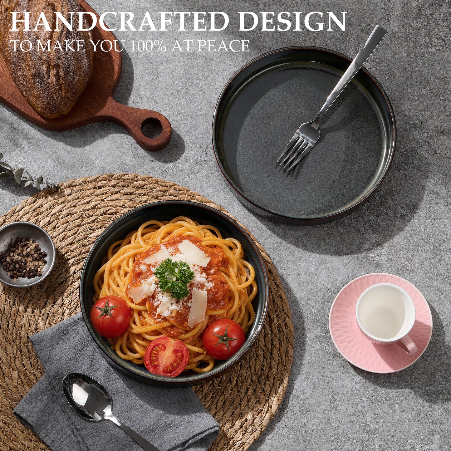 Vesteel Pasta Bowls Set of 4, 32oz Large Salad Bowls for Dinner Serving Soup, Ceramic Stoneware Pasta Plates with Textured Stripes, Microwave & Dishwasher Safe, Blackish Green
